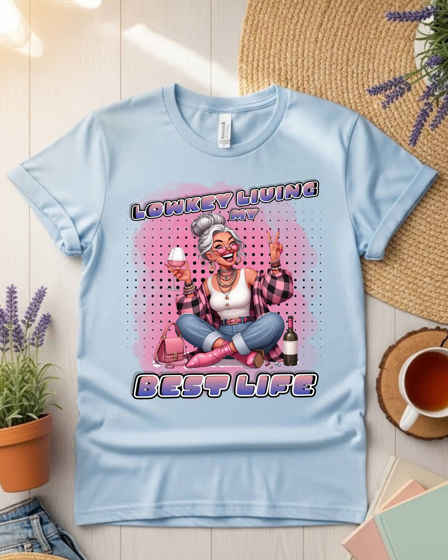 Lowkey Living My Best Life Graphic, Glam Wine‑Loving Woman Illustration, Funny Soft‑Life Aesthetic for Stickers, Gifts