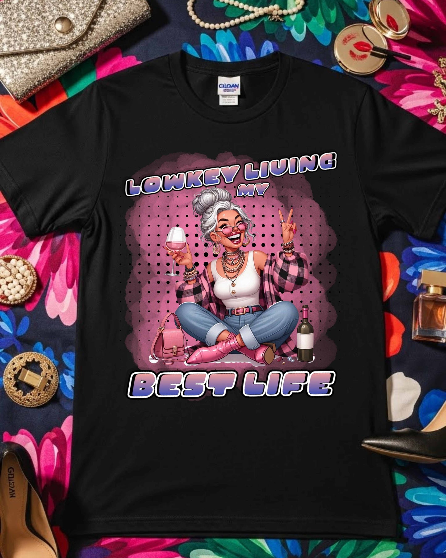 Lowkey Living My Best Life Graphic, Glam Wine‑Loving Woman Illustration, Funny Soft‑Life Aesthetic for Stickers, Gifts
