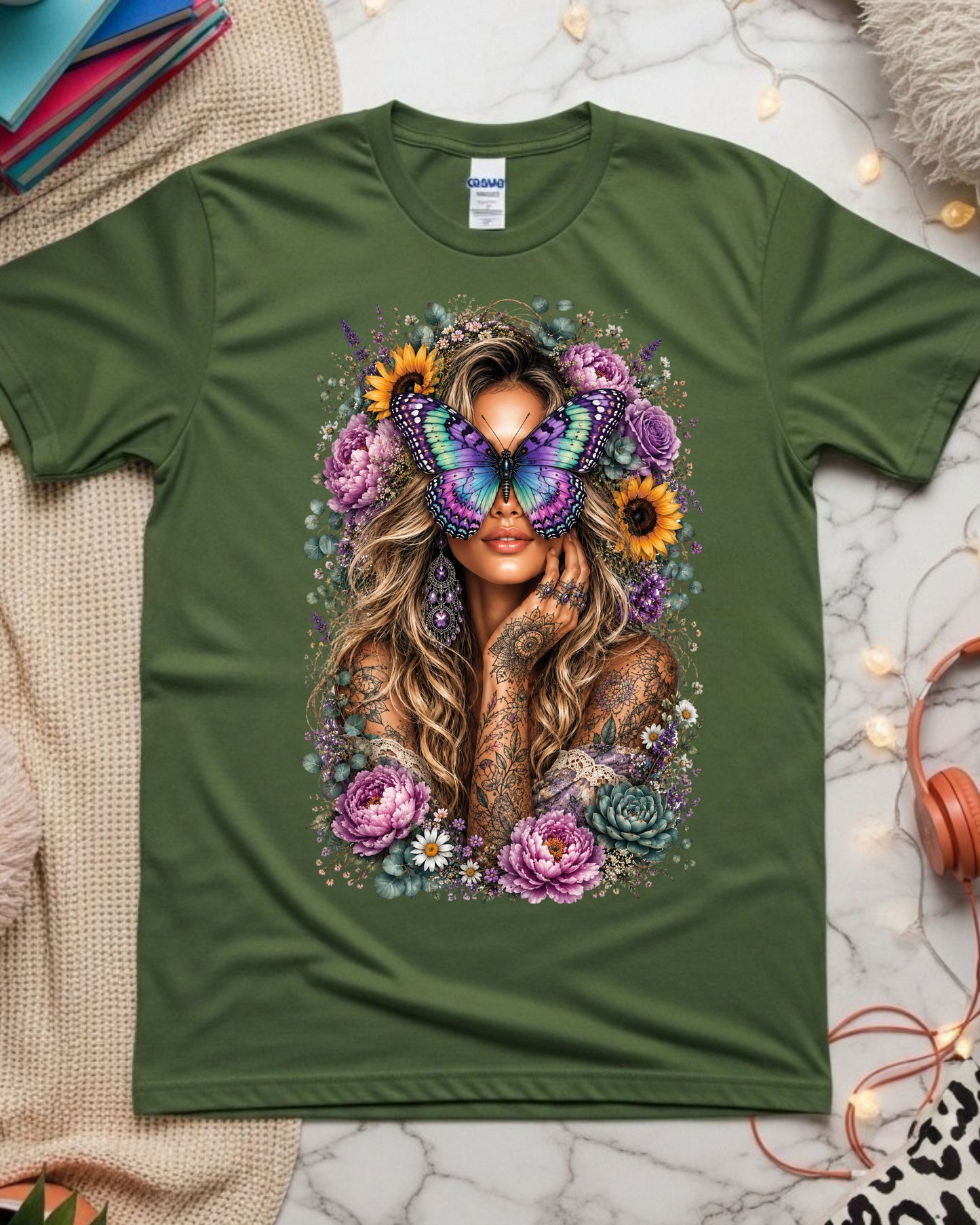 Boho Butterfly Woman Shirt, Blonde Floral Tattoo Tee,