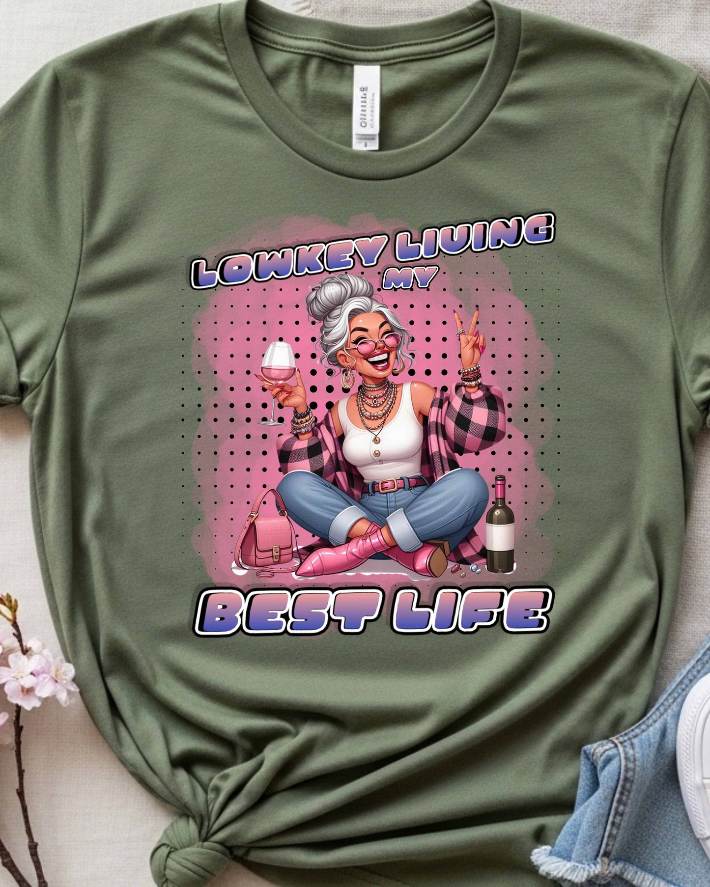 Lowkey Living My Best Life Graphic, Glam Wine‑Loving Woman Illustration, Funny Soft‑Life Aesthetic for Stickers, Gifts