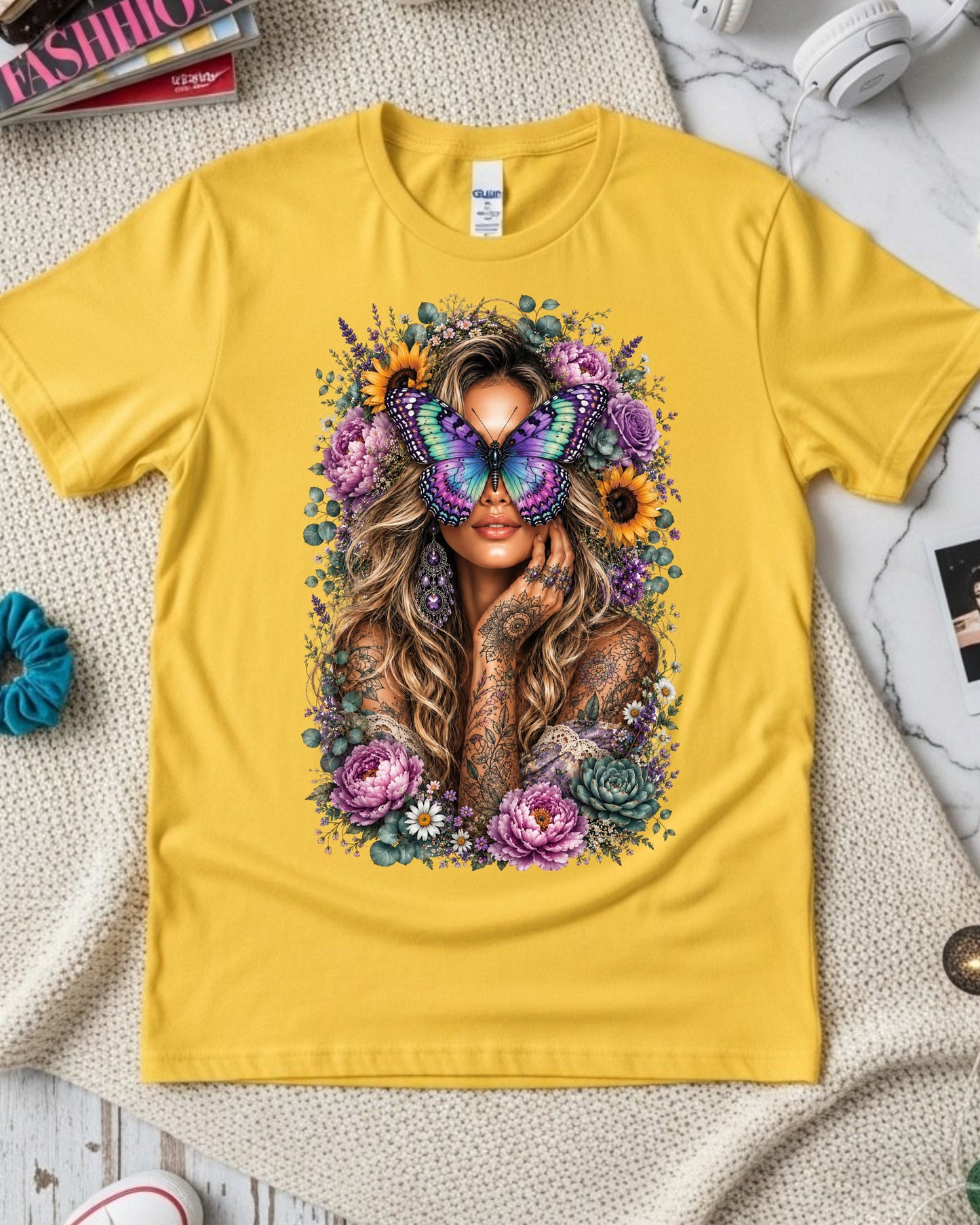 Boho Butterfly Woman Shirt, Blonde Floral Tattoo Tee,