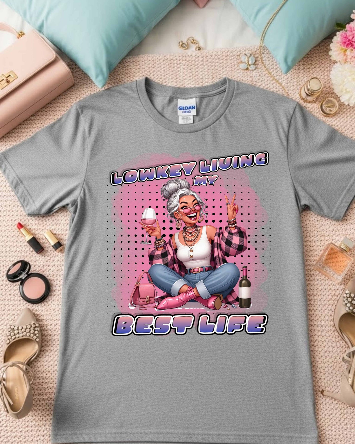 Lowkey Living My Best Life Graphic, Glam Wine‑Loving Woman Illustration, Funny Soft‑Life Aesthetic for Stickers, Gifts