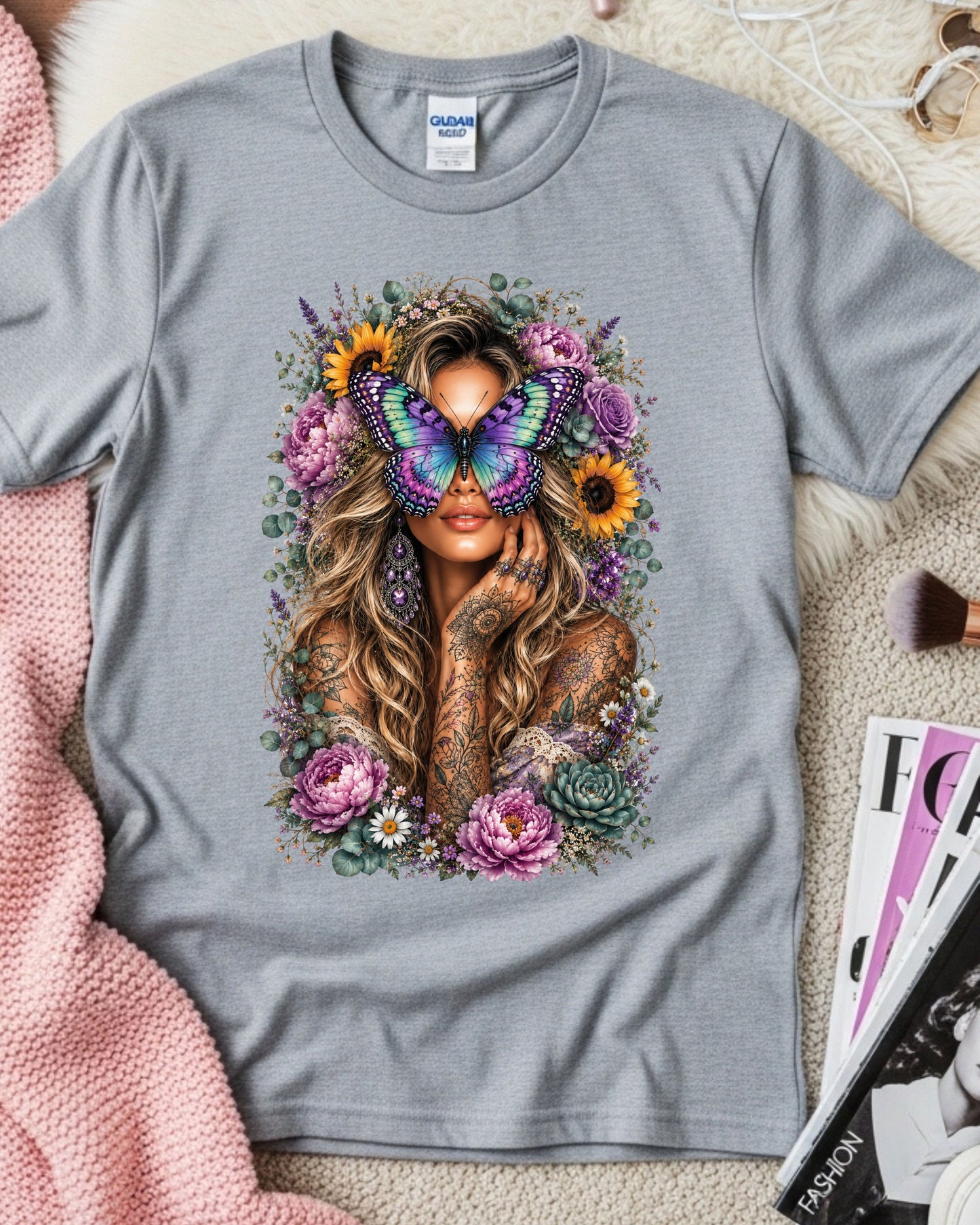 Boho Butterfly Woman Shirt, Blonde Floral Tattoo Tee,