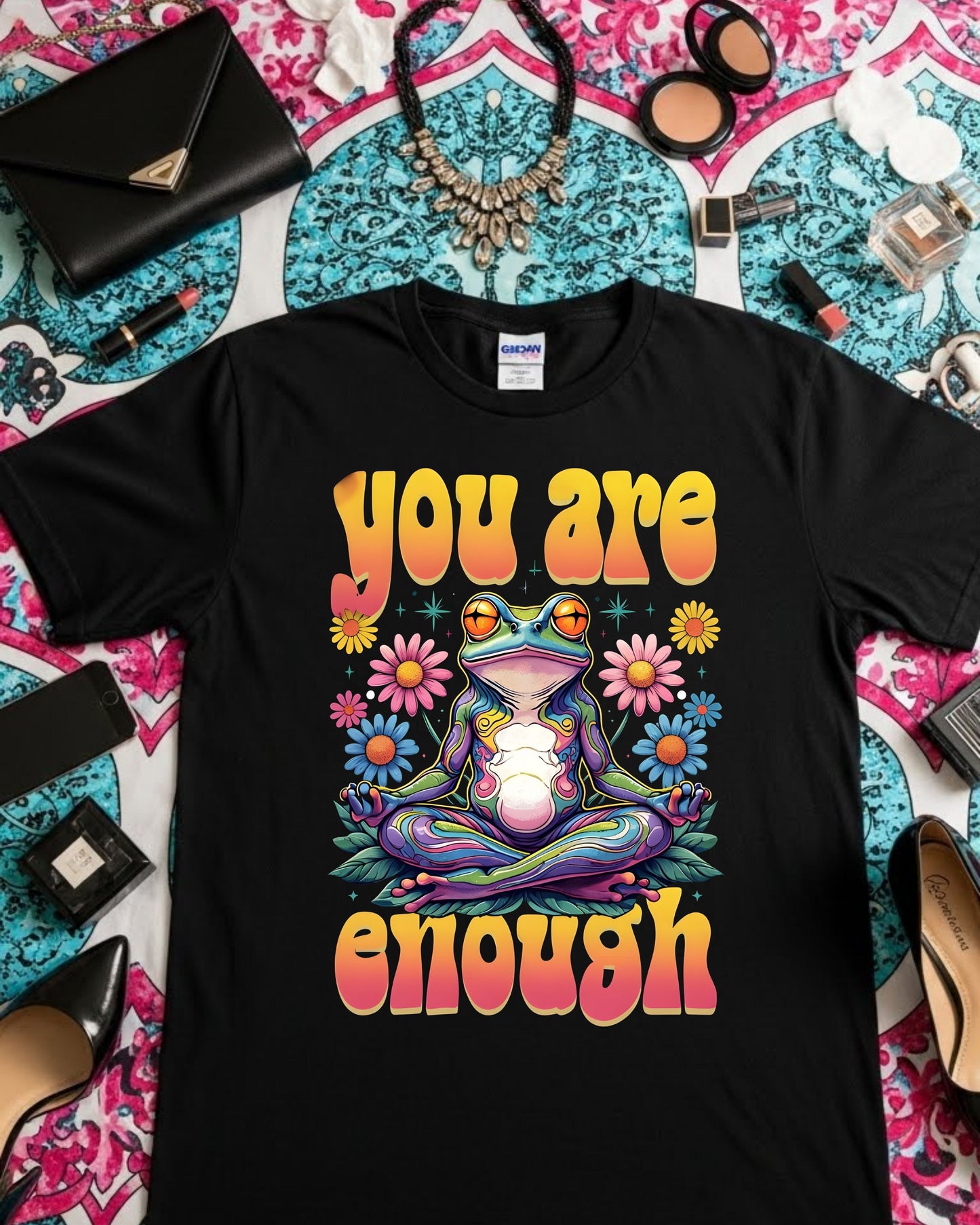 You Are Enough Shirt – Psychedelic Meditating Frog Tee for Women & Teens – Colourful Positive Affirmation T‑Shirt, Retro Spiritual Graphic Top