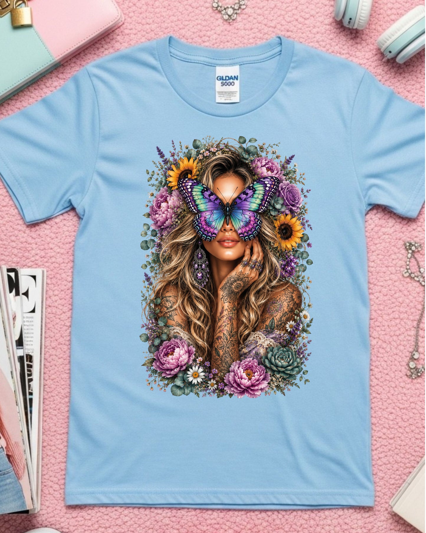Boho Butterfly Woman Shirt, Blonde Floral Tattoo Tee,