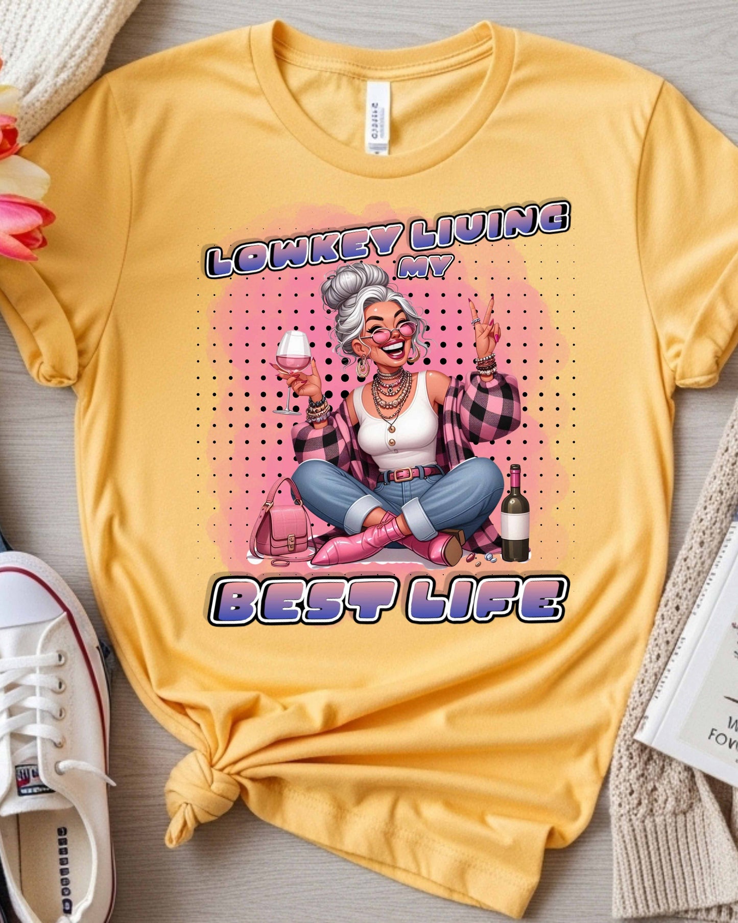 Lowkey Living My Best Life Graphic, Glam Wine‑Loving Woman Illustration, Funny Soft‑Life Aesthetic for Stickers, Gifts