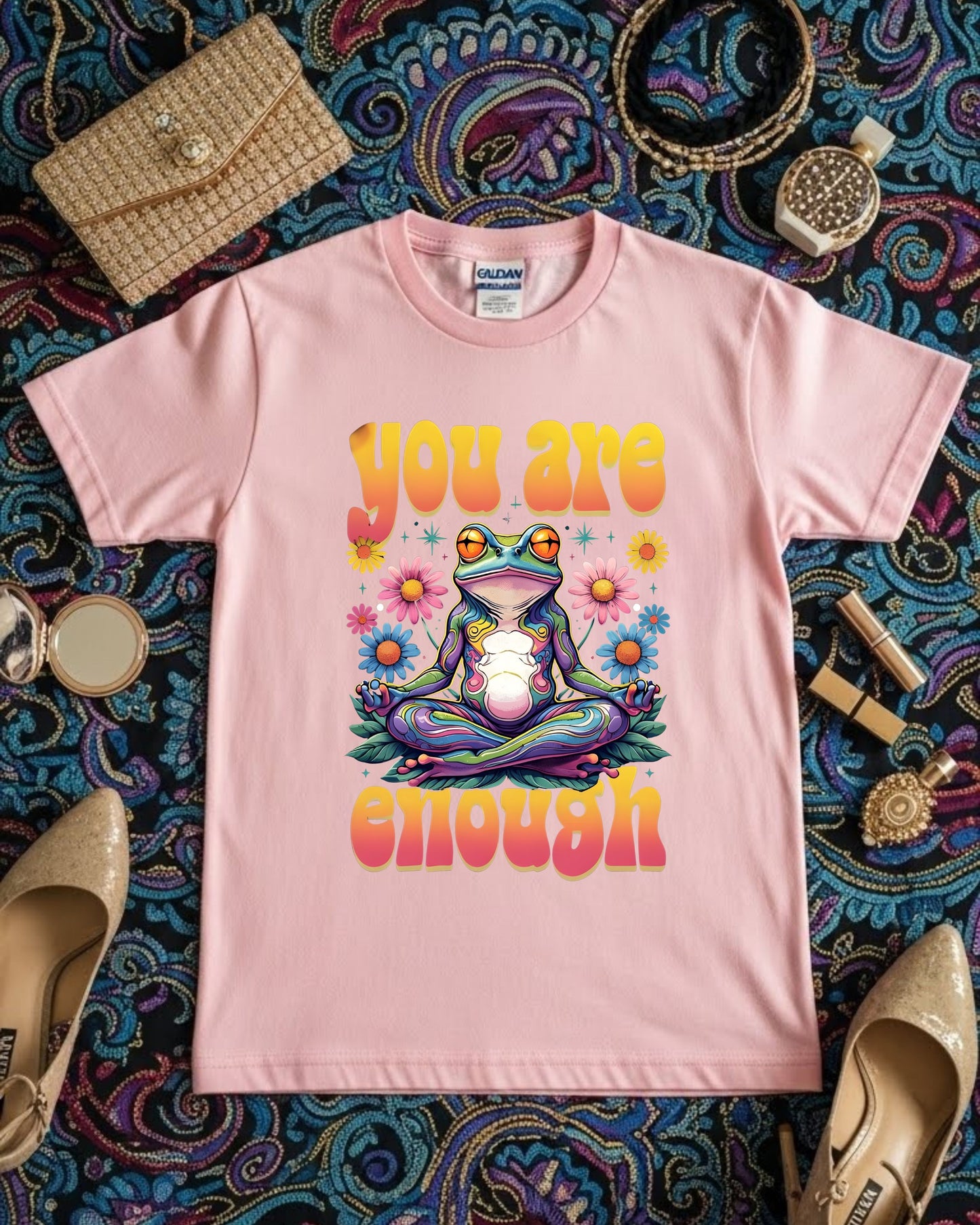 You Are Enough Shirt – Psychedelic Meditating Frog Tee for Women & Teens – Colourful Positive Affirmation T‑Shirt, Retro Spiritual Graphic Top