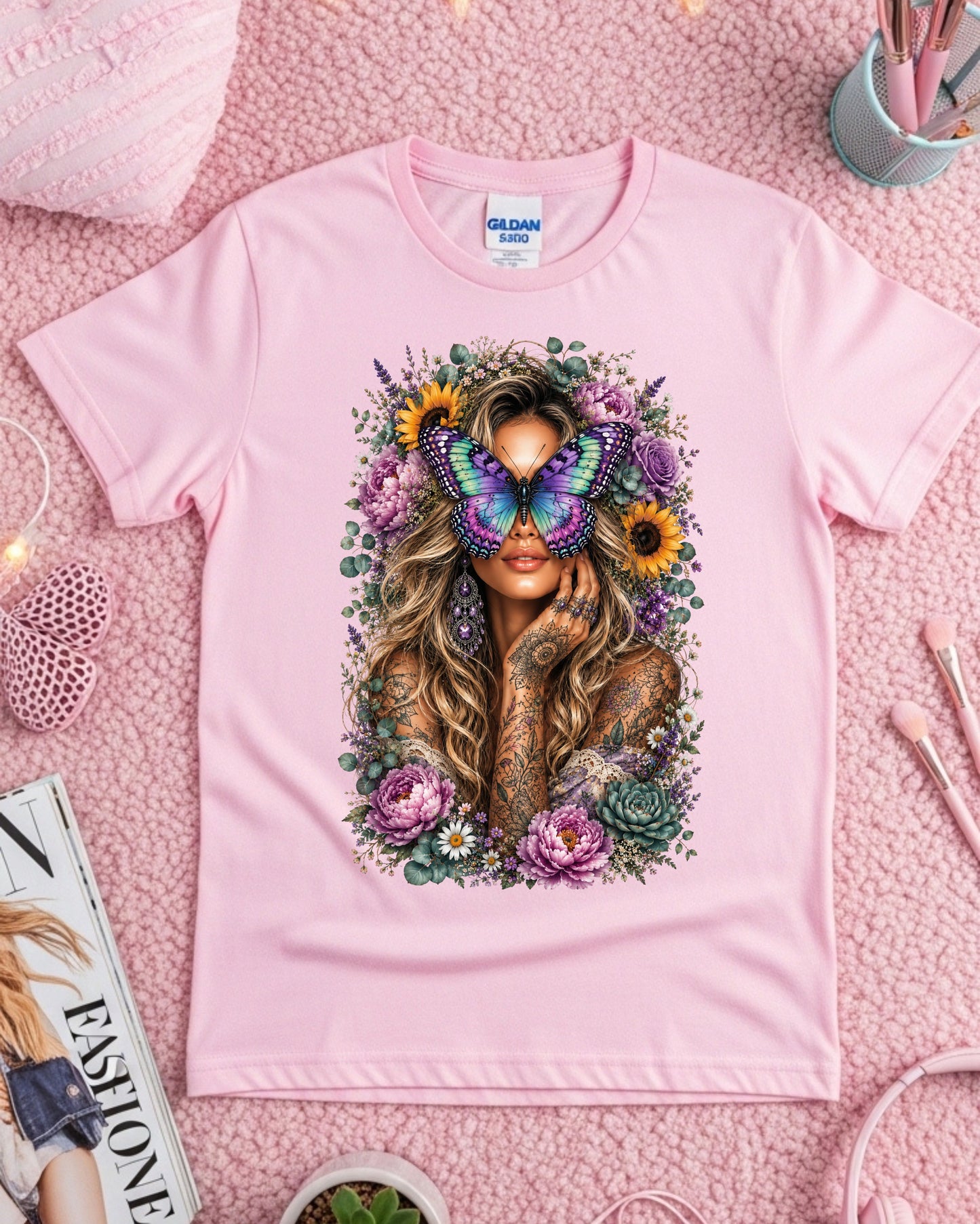 Boho Butterfly Woman Shirt, Blonde Floral Tattoo Tee,
