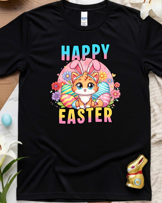 Bunny‑Ear Kitten with Colourful Eggs & Spring Flowers, Pastel Kawaii Easter Clipart for Shirts, Stickers & Holiday Decor