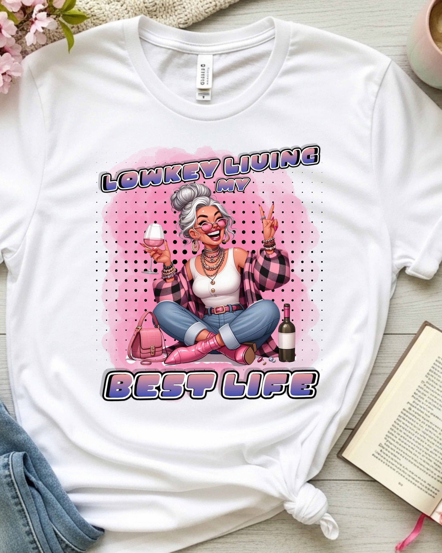 Lowkey Living My Best Life Graphic, Glam Wine‑Loving Woman Illustration, Funny Soft‑Life Aesthetic for Stickers, Gifts