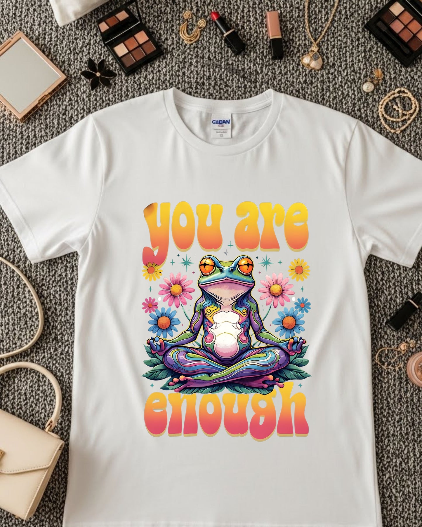 You Are Enough Shirt – Psychedelic Meditating Frog Tee for Women & Teens – Colourful Positive Affirmation T‑Shirt, Retro Spiritual Graphic Top