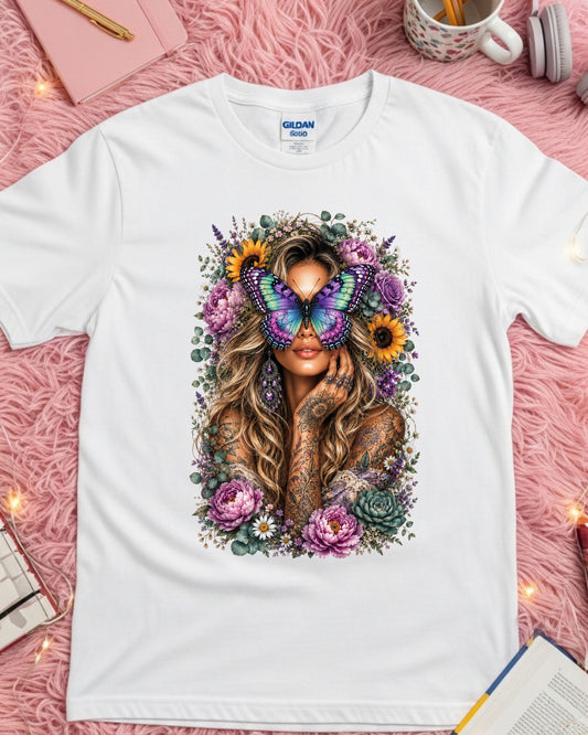 Boho Butterfly Woman Shirt, Blonde Floral Tattoo Tee,