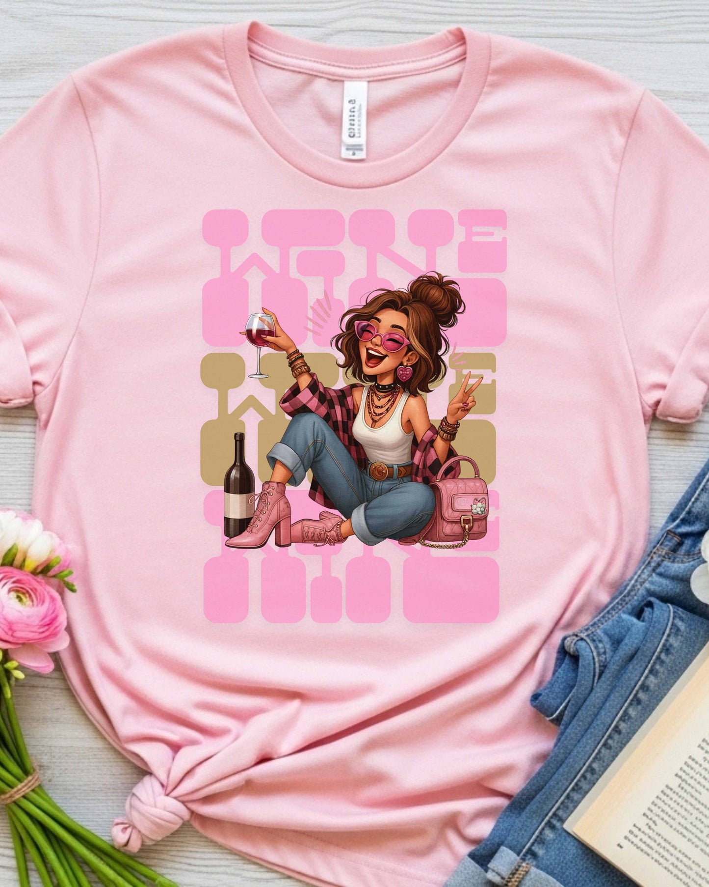 Wine Time Glam Girl Illustration, Funny Pink Aesthetic Design for Stickers, Shirts & Gifts