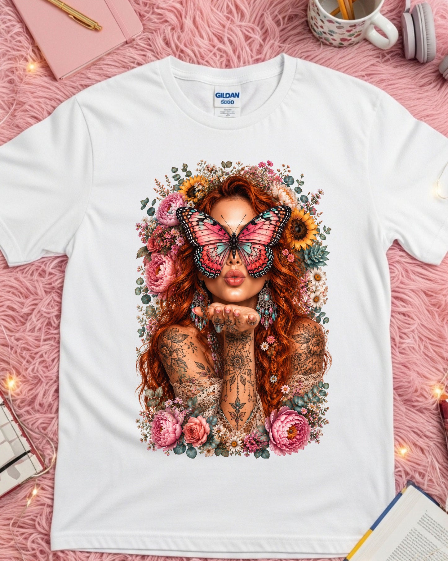 Boho Redhead Butterfly Shirt, Floral Tattoo Graphic T-Shirt