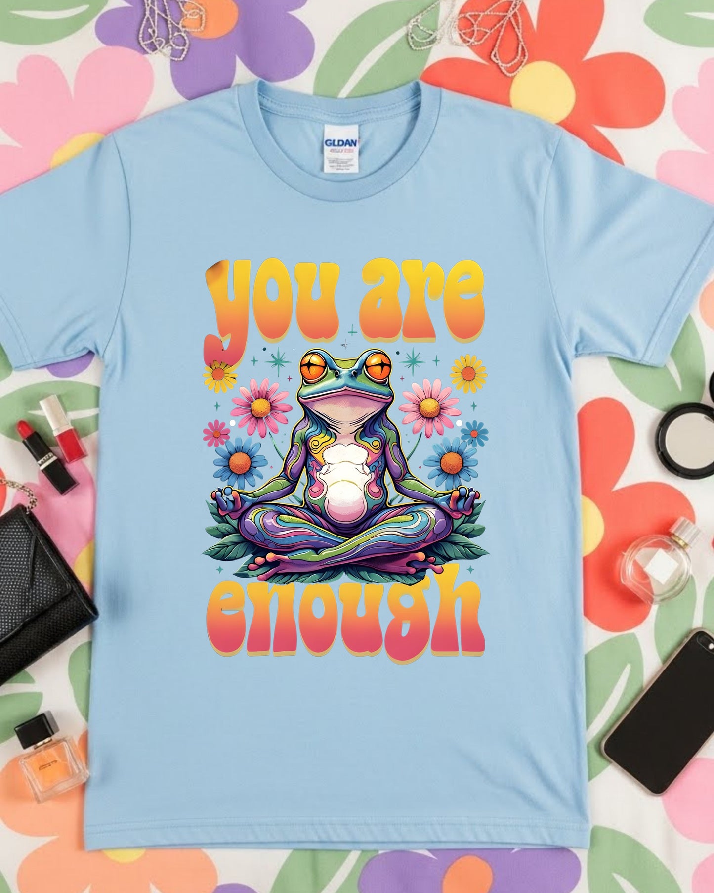 You Are Enough Shirt – Psychedelic Meditating Frog Tee for Women & Teens – Colourful Positive Affirmation T‑Shirt, Retro Spiritual Graphic Top