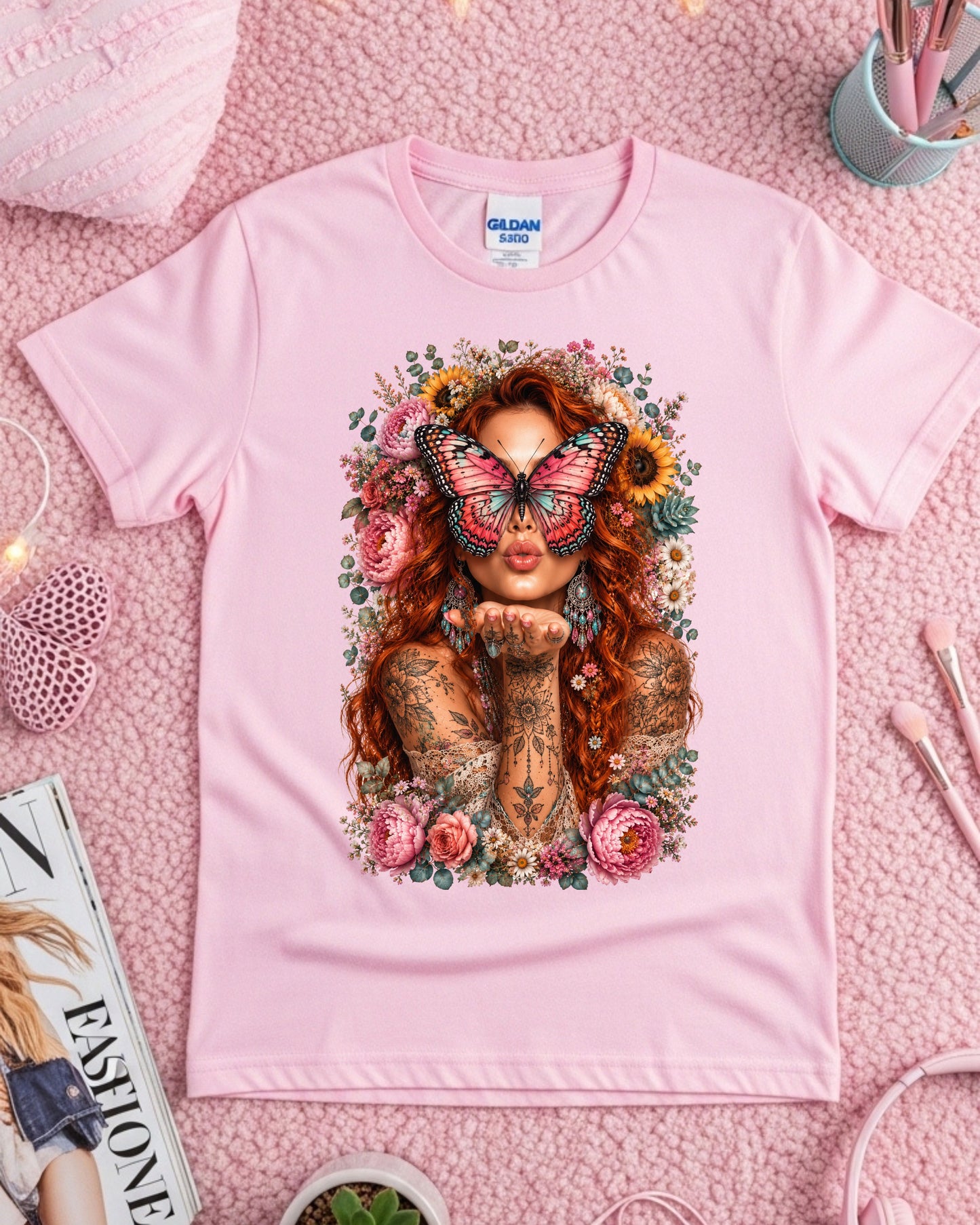 Boho Redhead Butterfly Shirt, Floral Tattoo Graphic T-Shirt