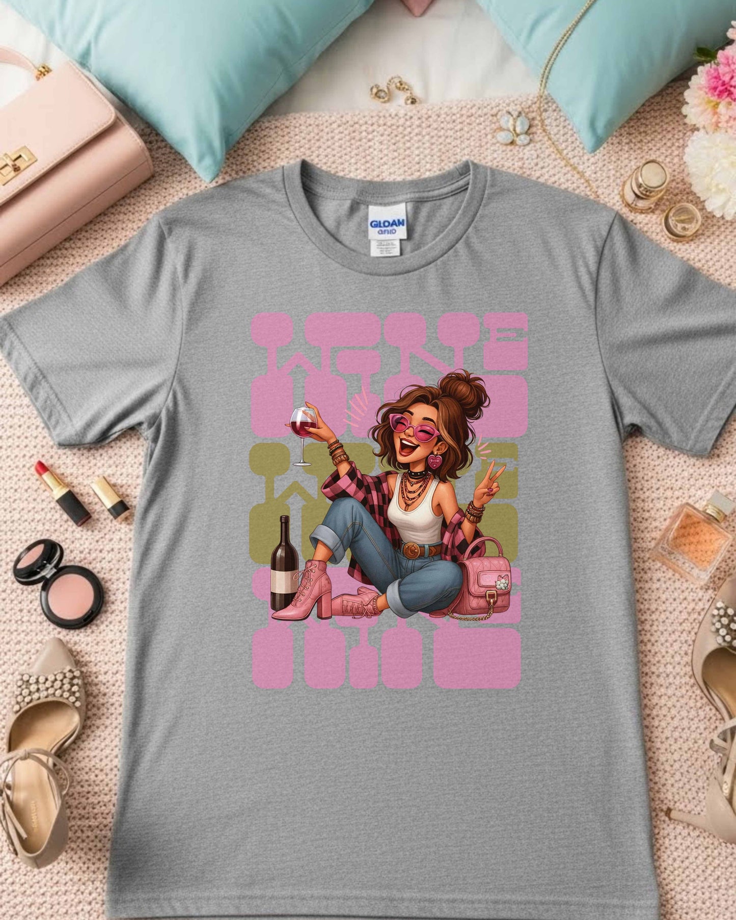 Wine Time Glam Girl Illustration, Funny Pink Aesthetic Design for Stickers, Shirts & Gifts