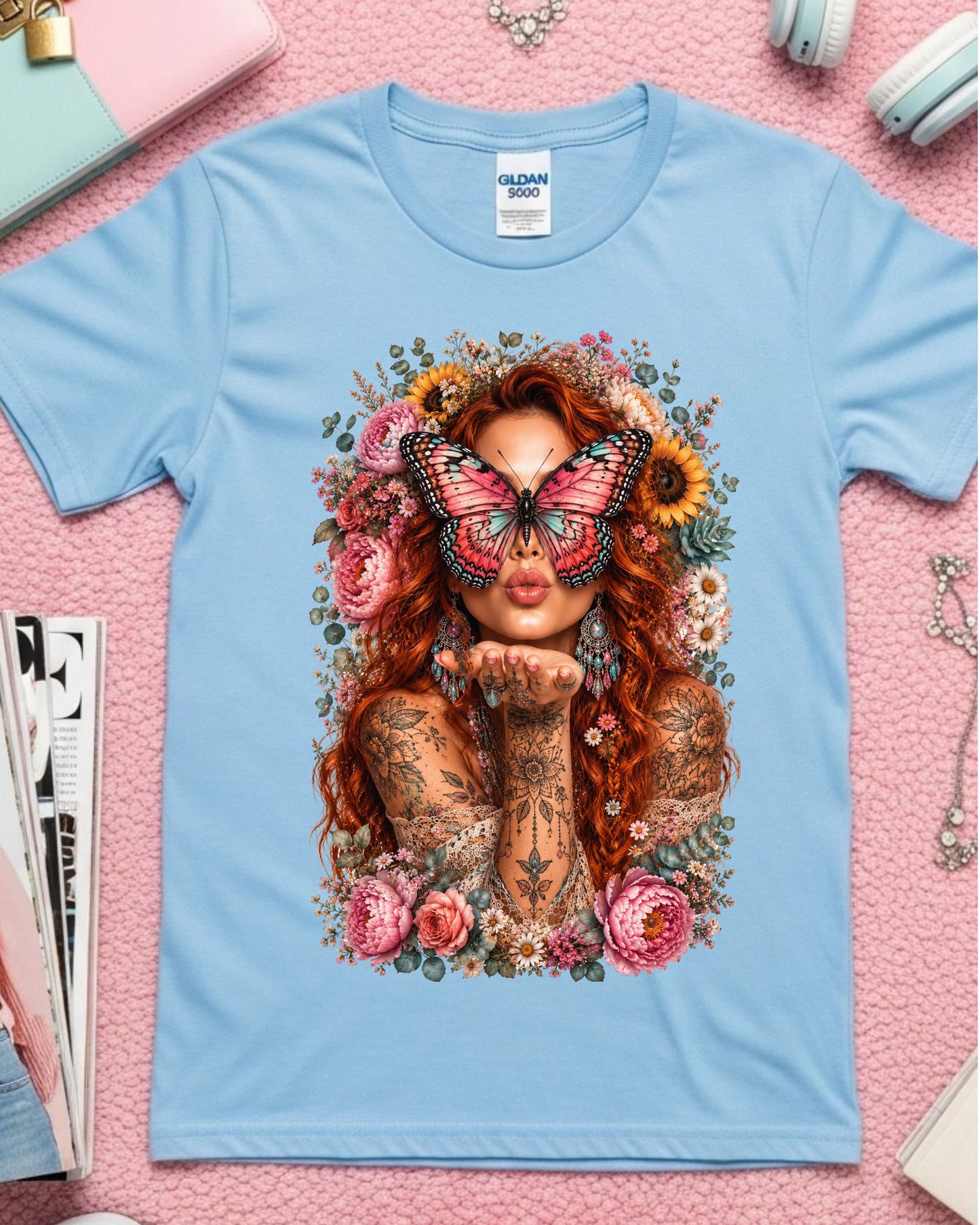 Boho Redhead Butterfly Shirt, Floral Tattoo Graphic T-Shirt