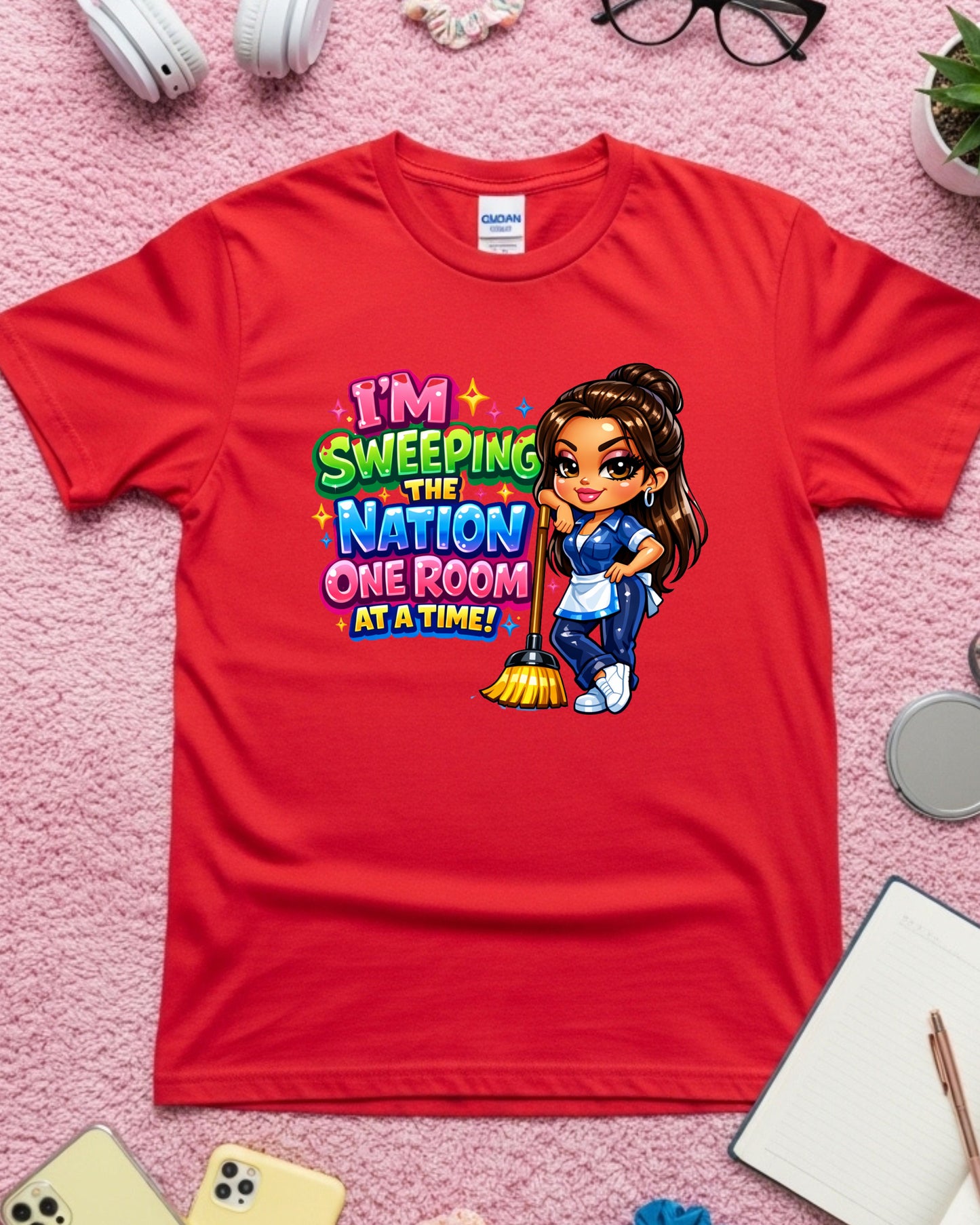 I’m Sweeping the Nation One Room at a Time Shirt Funny Cleaner Tee Housekeeper & Janitor T‑Shirt Cleaning Crew Graphic Top Custodian Gift for Women