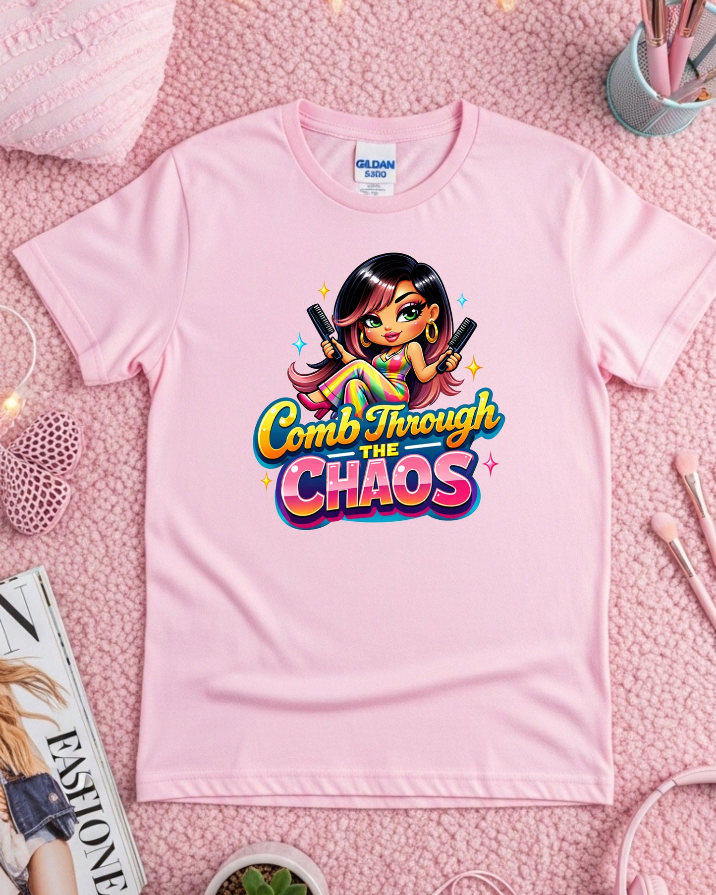 Comb Through the Chaos Shirt Funny Hairstylist Tee Colourful Salon Stylist T‑Shirt Braider Graphic Top Cosmetology Gift