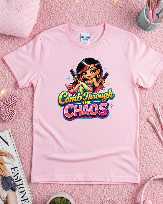 Comb Through the Chaos Shirt Funny Hairstylist Tee Colourful Salon Stylist T‑Shirt Braider Graphic Top Cosmetology Gift