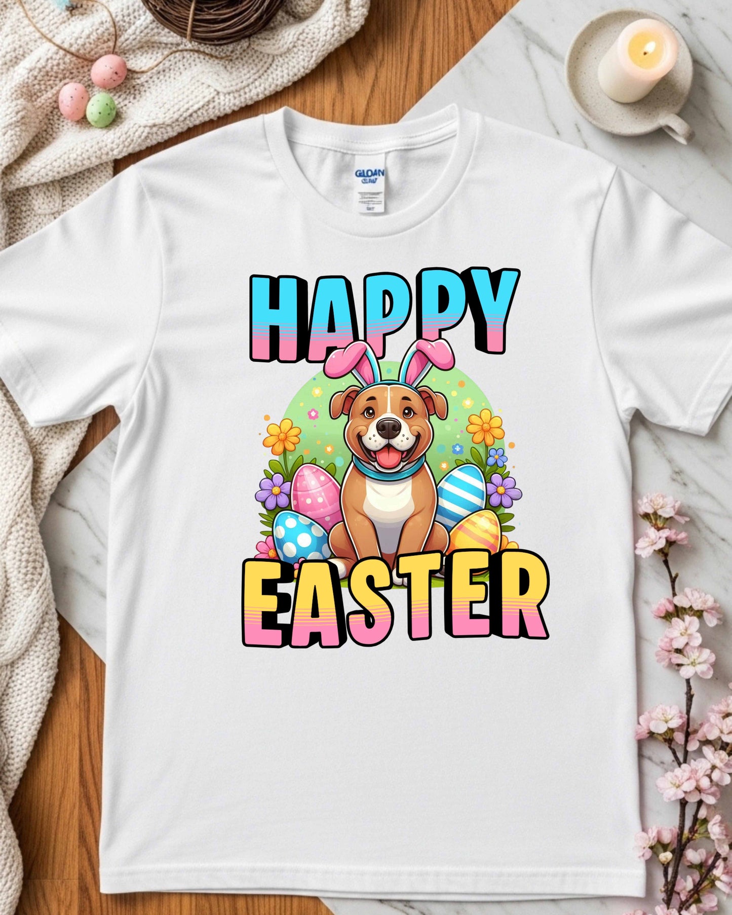Puppy in Bunny Ears with Colourful Eggs & Flowers, Fun Spring Clipart for Shirts, Stickers & Holiday Decor