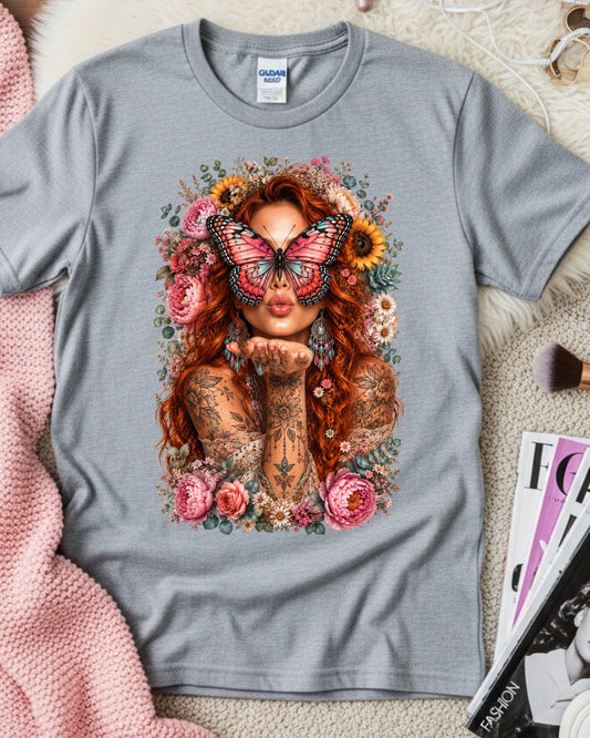 Boho Redhead Butterfly Shirt, Floral Tattoo Graphic T-Shirt