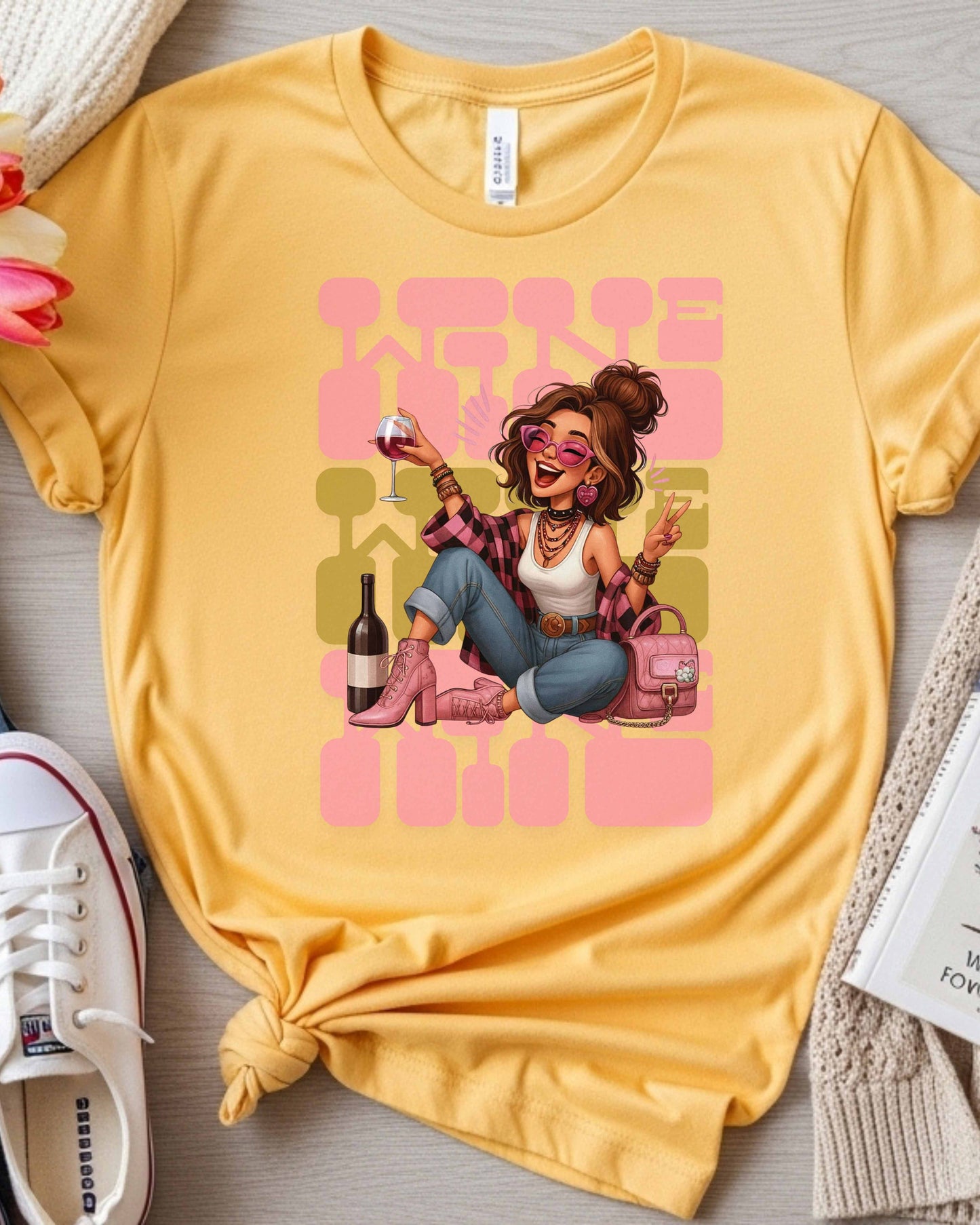Wine Time Glam Girl Illustration, Funny Pink Aesthetic Design for Stickers, Shirts & Gifts