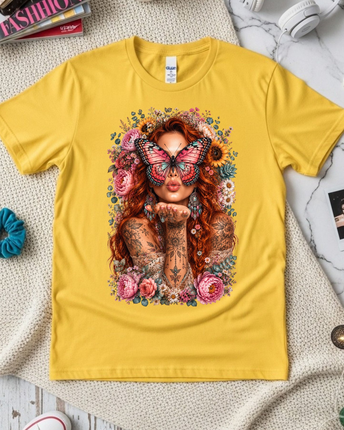 Boho Redhead Butterfly Shirt, Floral Tattoo Graphic T-Shirt