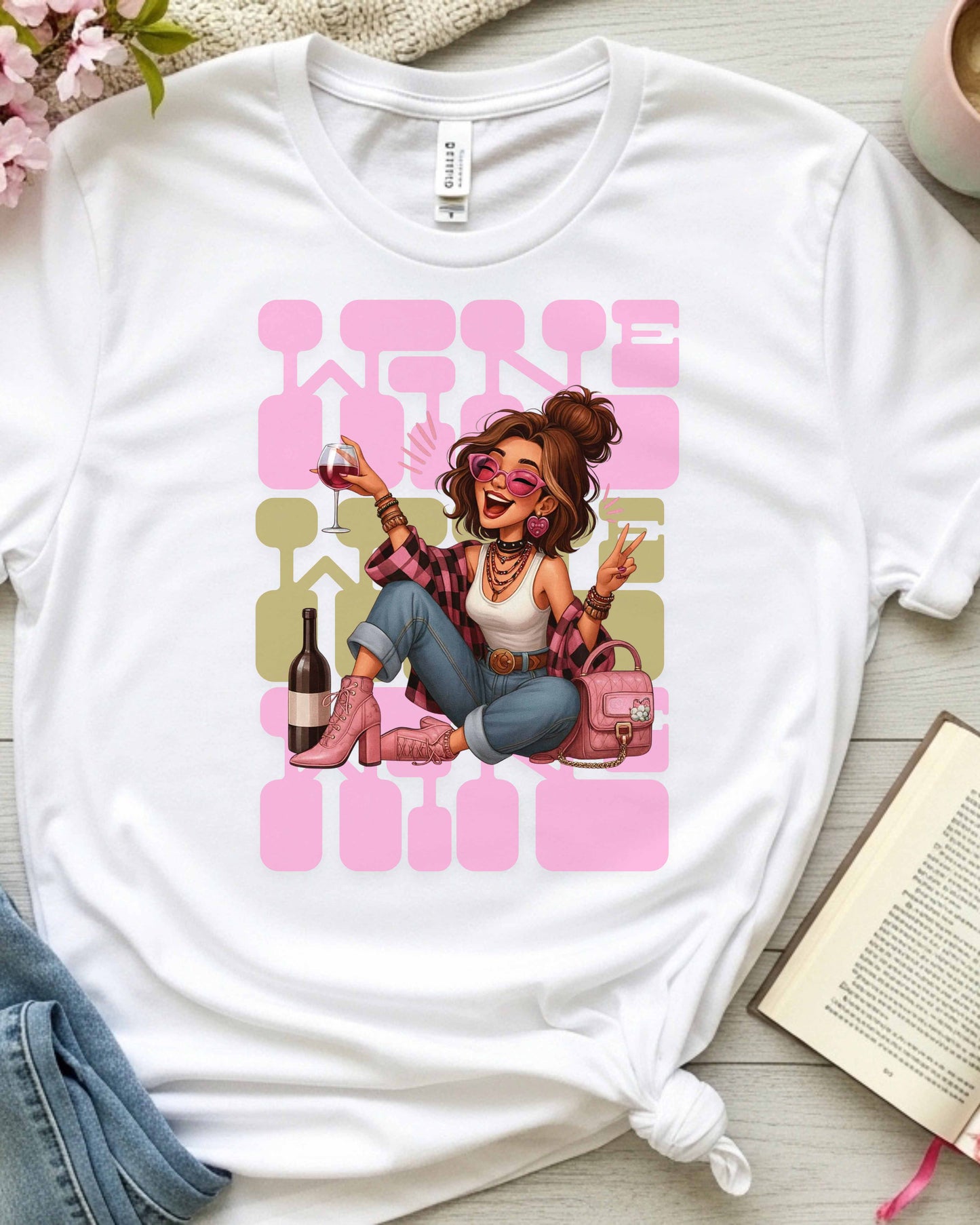 Wine Time Glam Girl Illustration, Funny Pink Aesthetic Design for Stickers, Shirts & Gifts