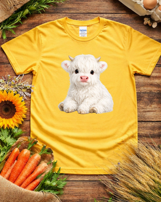 White Baby Highland Cow Print – Fluffy Calf Wall Art, Cute Farm Animal Nursery Decor, Cottage core Farmhouse Printable