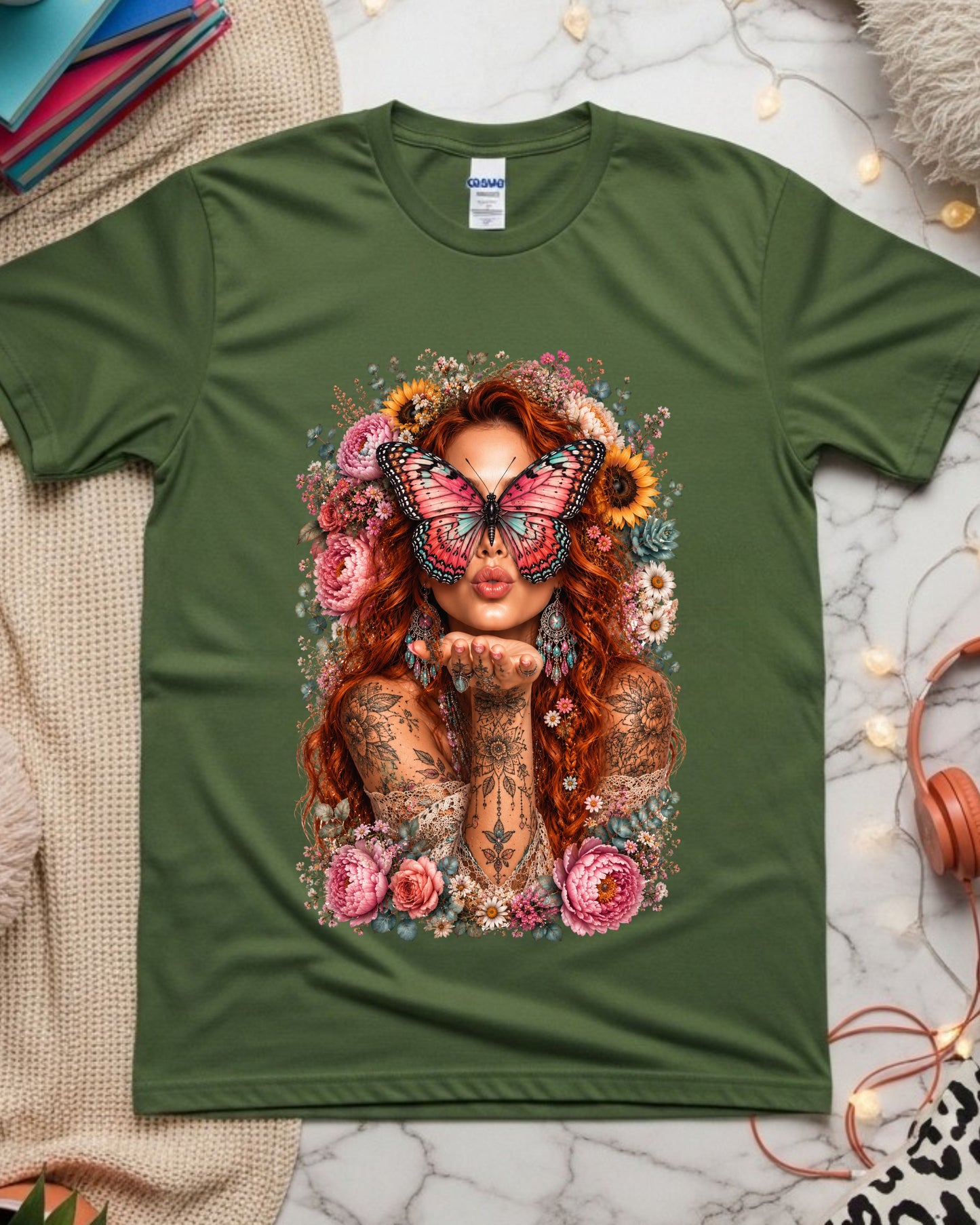 Boho Redhead Butterfly Shirt, Floral Tattoo Graphic T-Shirt