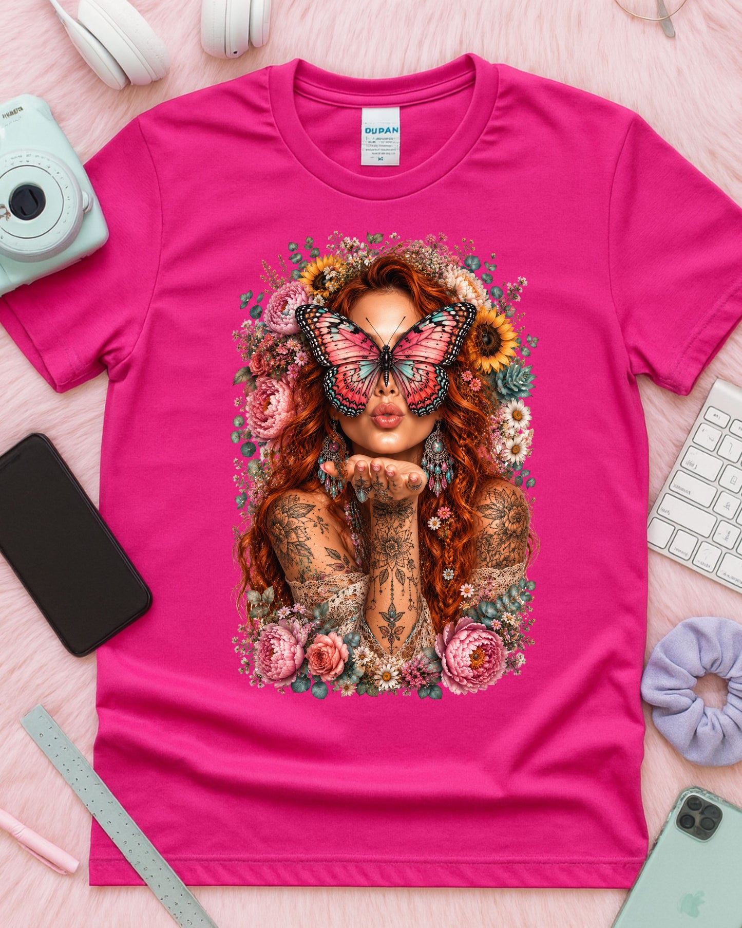 Boho Redhead Butterfly Shirt, Floral Tattoo Graphic T-Shirt