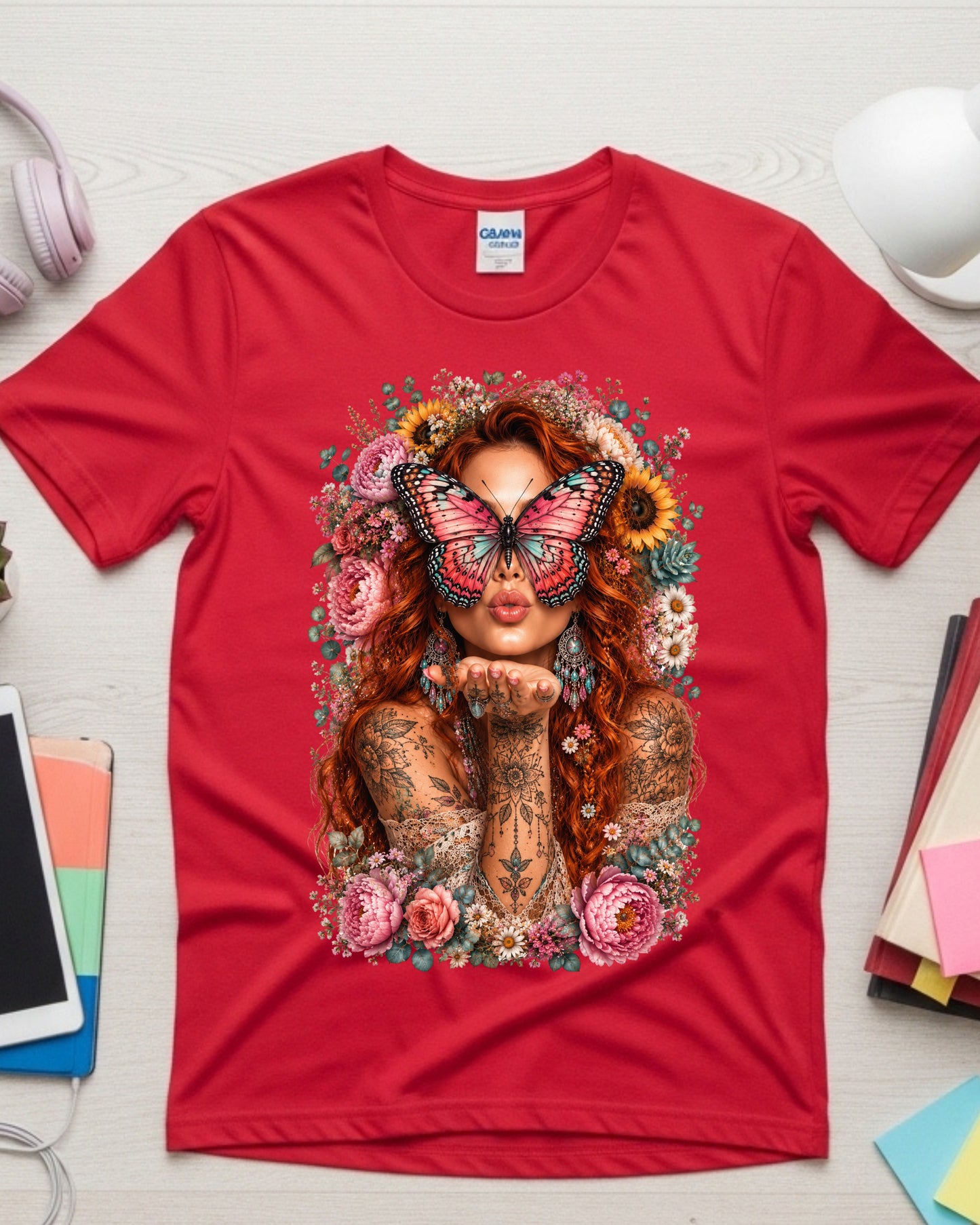 Boho Redhead Butterfly Shirt, Floral Tattoo Graphic T-Shirt