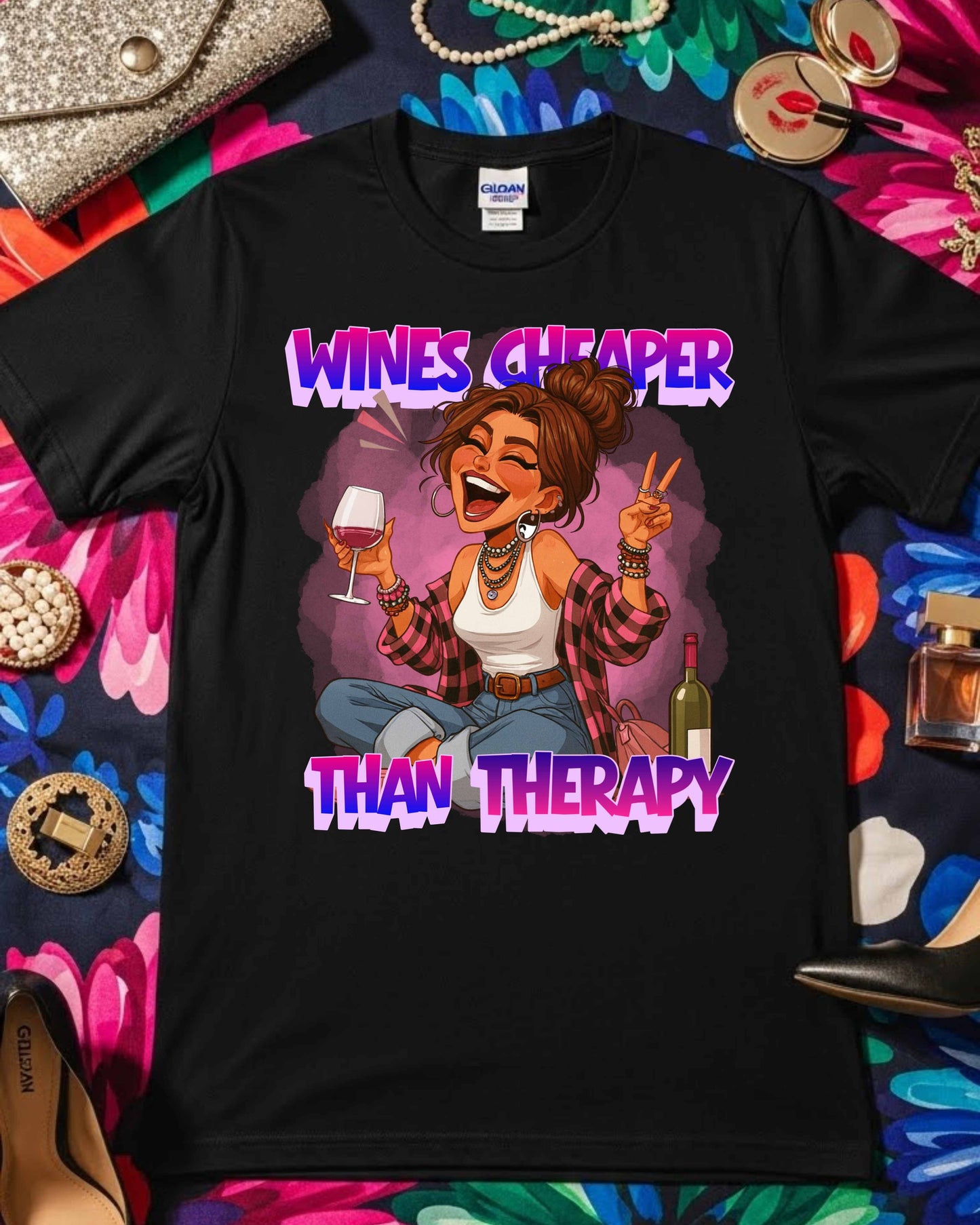Wines Cheaper Than Therapy Graphic, Funny Wine Lover Quote, Pink Aesthetic Glam Girl Design for Stickers, Shirts & Gifts