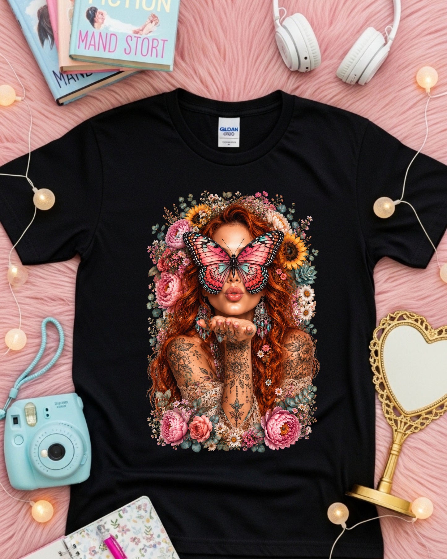Boho Redhead Butterfly Shirt, Floral Tattoo Graphic T-Shirt