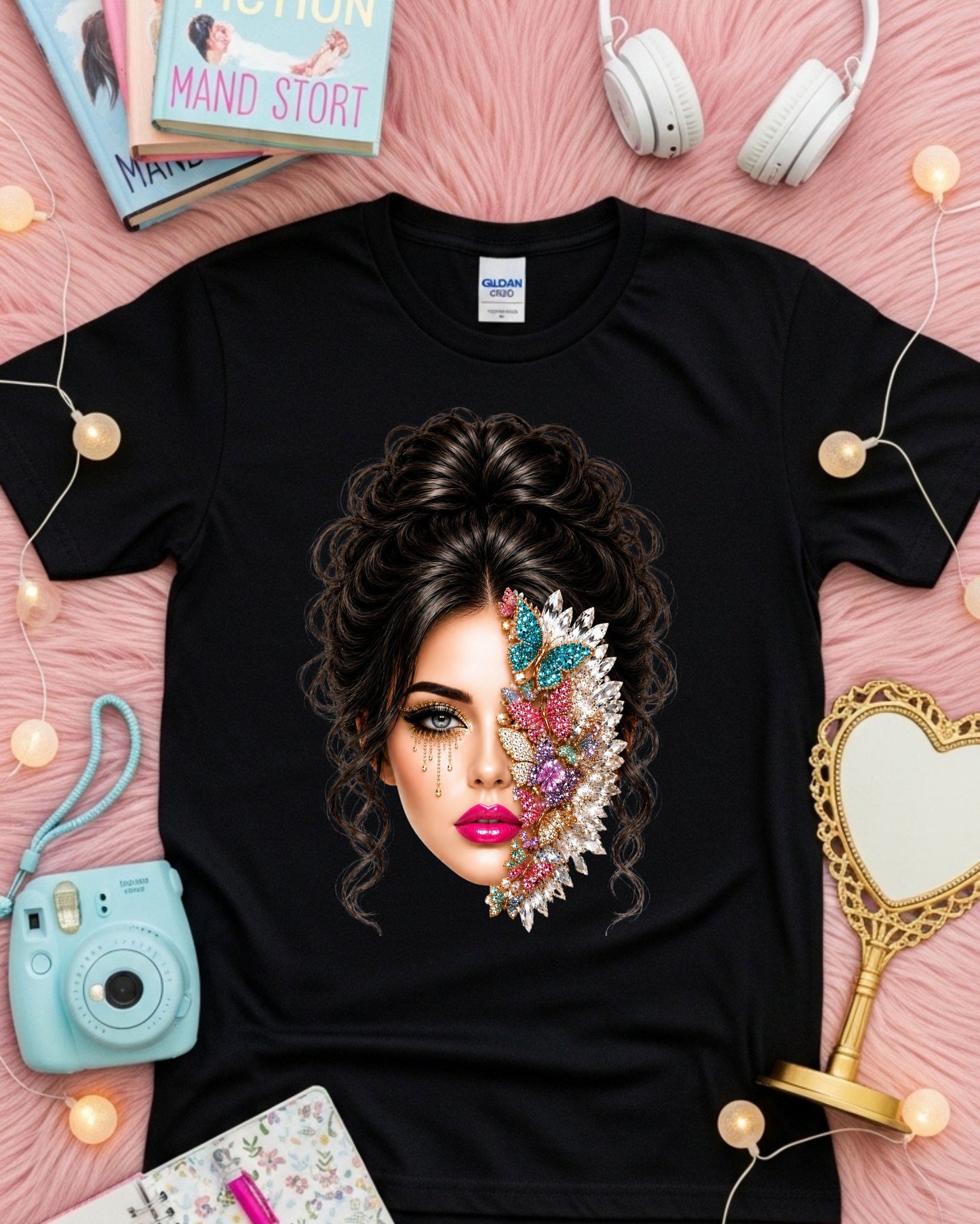 Jeweled Butterfly Woman Shirt, Glam Beauty Graphic Tee, Luxury Rhinestone Butterfly Face