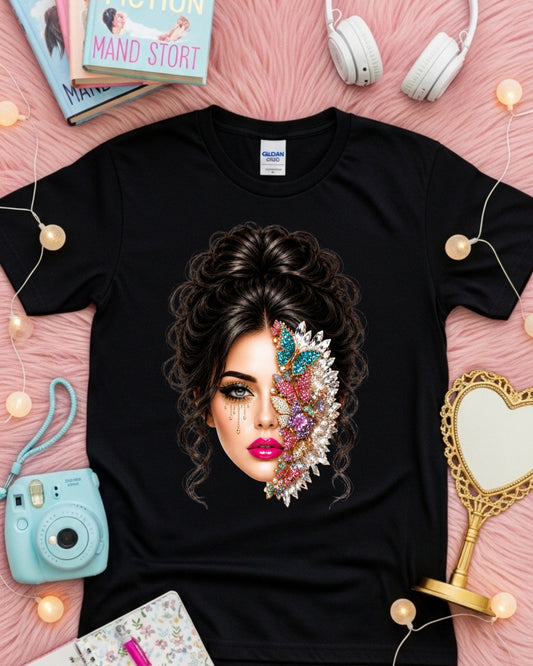 Jeweled Butterfly Woman Shirt, Glam Beauty Graphic Tee, Luxury Rhinestone Butterfly Face