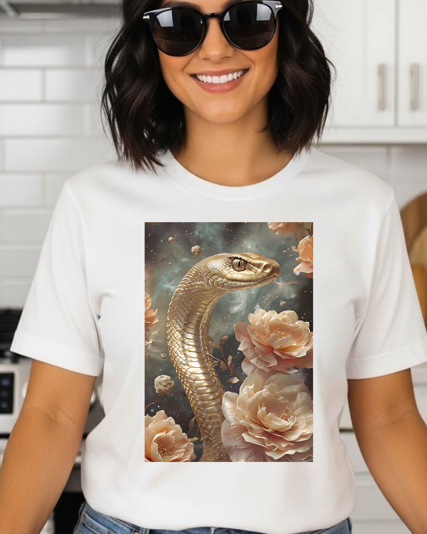 Golden Snake Shirt – Mystical Serpent & Roses Graphic Tee for Women – Boho Fantasy Aesthetic T‑Shirt, Celestial Serpent Design, Witchy Nature Top