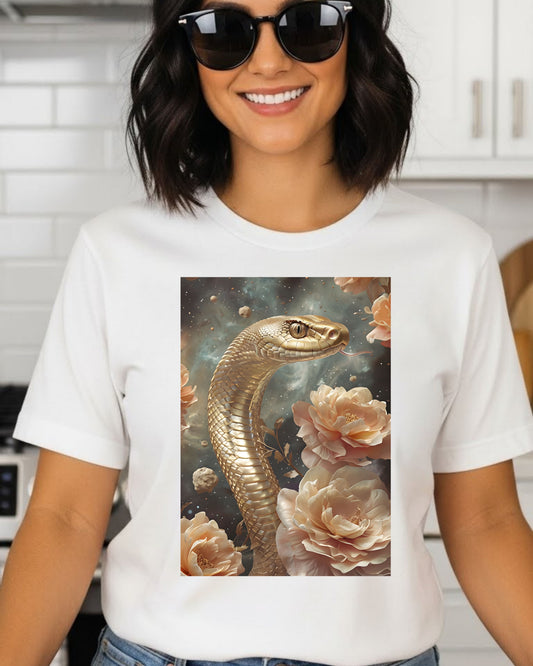Golden Snake Shirt – Mystical Serpent & Roses Graphic Tee for Women – Boho Fantasy Aesthetic T‑Shirt, Celestial Serpent Design, Witchy Nature Top