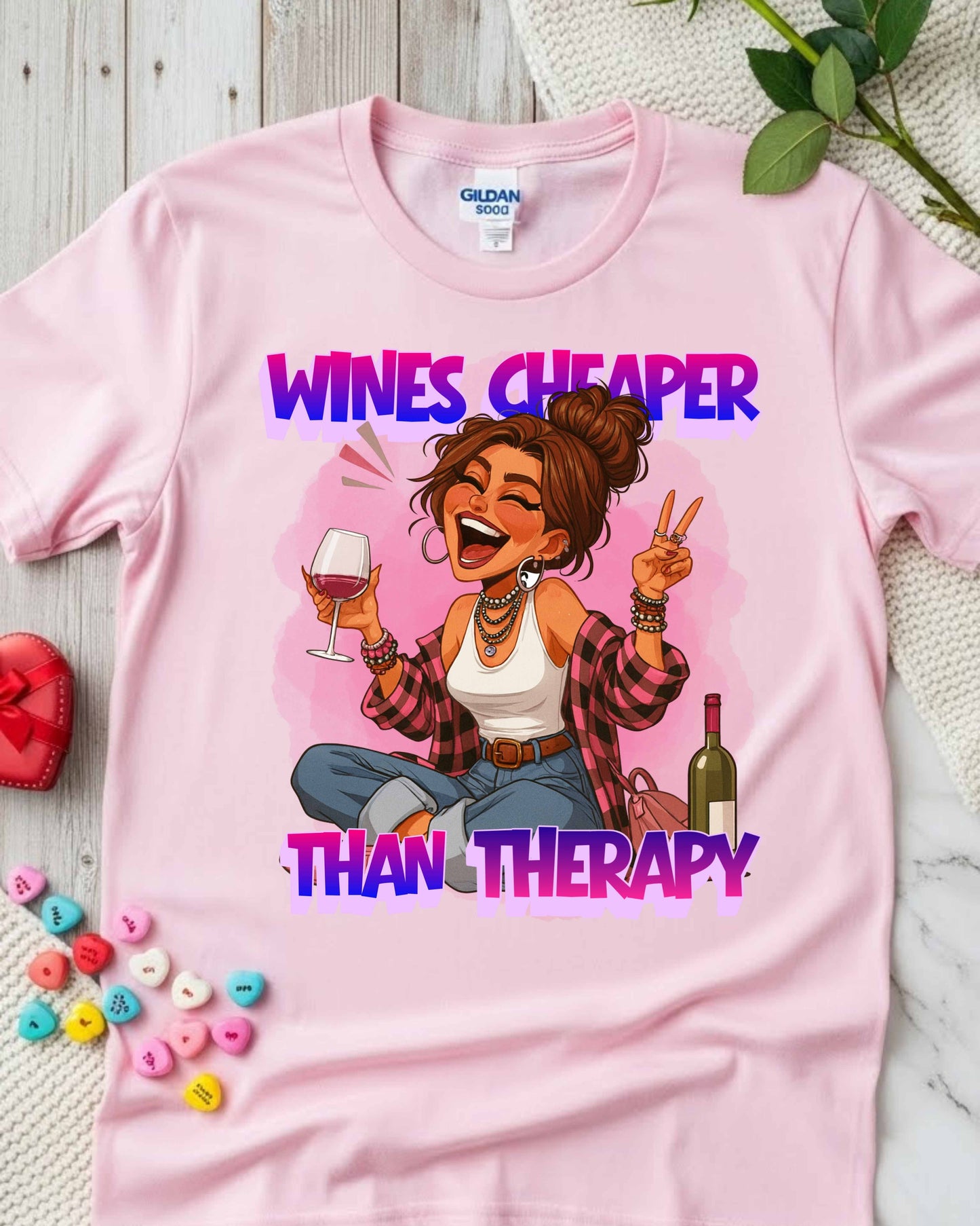 Wines Cheaper Than Therapy Graphic, Funny Wine Lover Quote, Pink Aesthetic Glam Girl Design for Stickers, Shirts & Gifts
