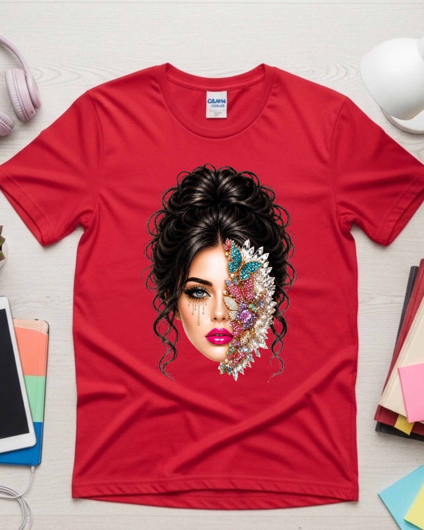 Jeweled Butterfly Woman Shirt, Glam Beauty Graphic Tee, Luxury Rhinestone Butterfly Face