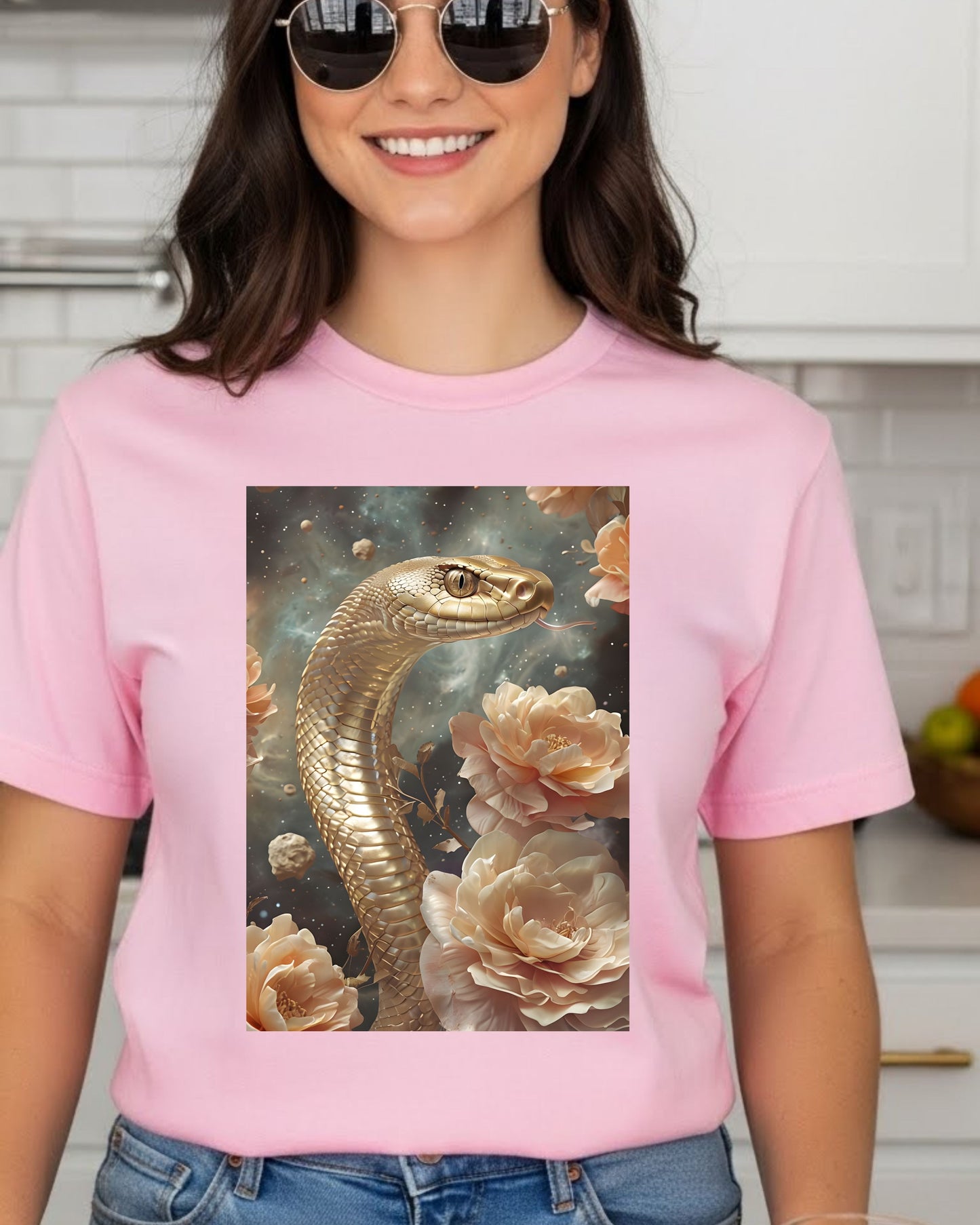 Golden Snake Shirt – Mystical Serpent & Roses Graphic Tee for Women – Boho Fantasy Aesthetic T‑Shirt, Celestial Serpent Design, Witchy Nature Top
