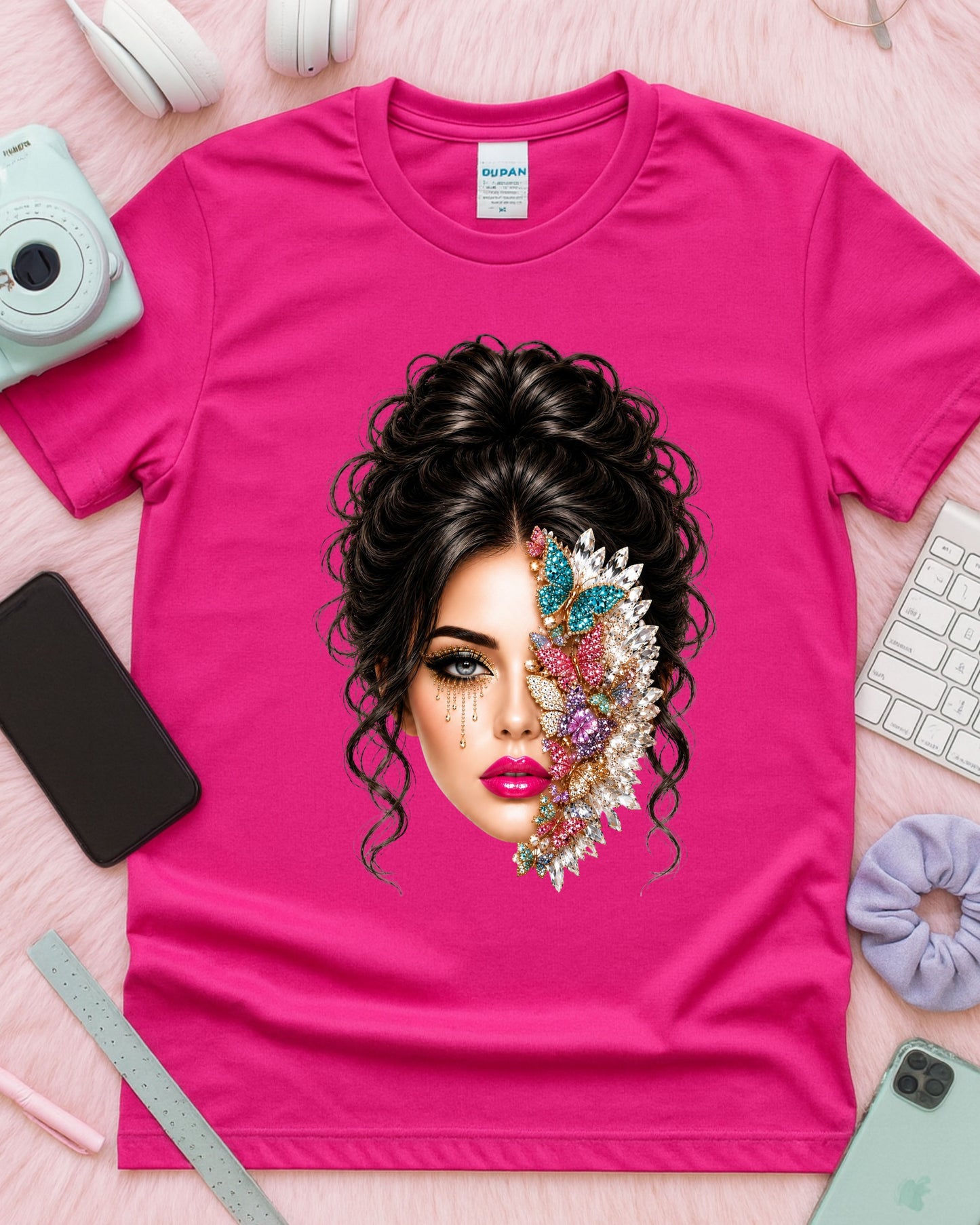 Jeweled Butterfly Woman Shirt, Glam Beauty Graphic Tee, Luxury Rhinestone Butterfly Face