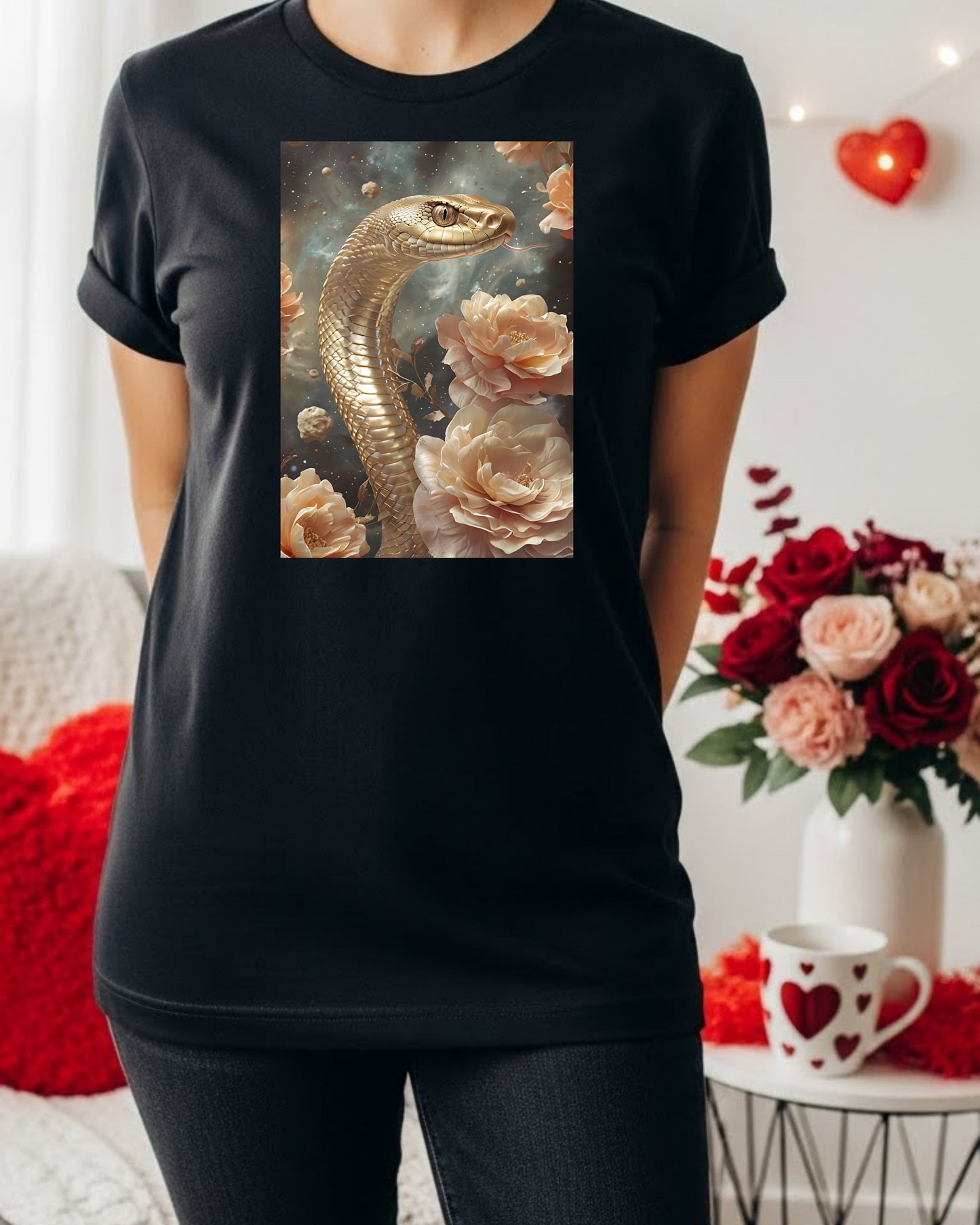 Golden Snake Shirt – Mystical Serpent & Roses Graphic Tee for Women – Boho Fantasy Aesthetic T‑Shirt, Celestial Serpent Design, Witchy Nature Top