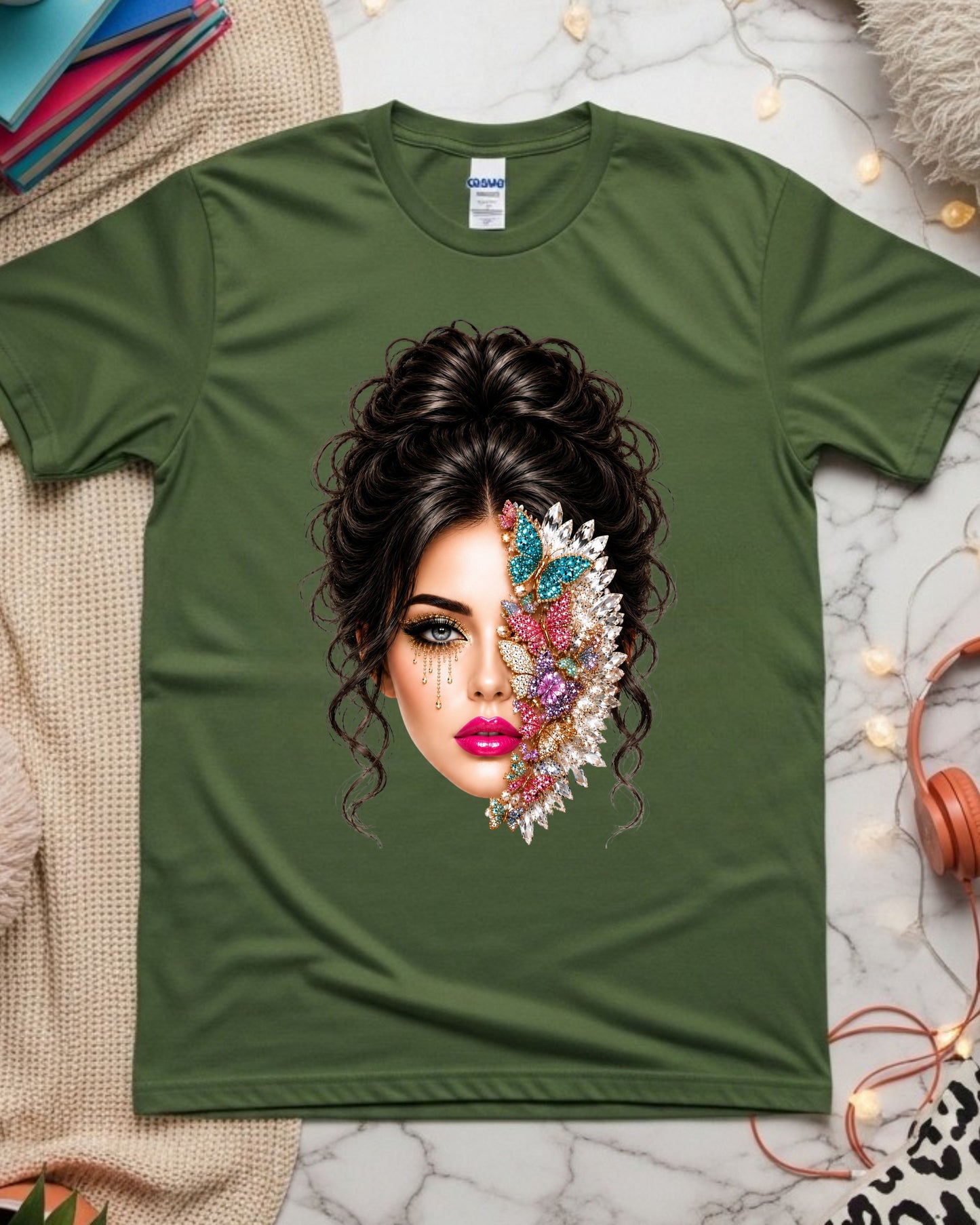 Jeweled Butterfly Woman Shirt, Glam Beauty Graphic Tee, Luxury Rhinestone Butterfly Face