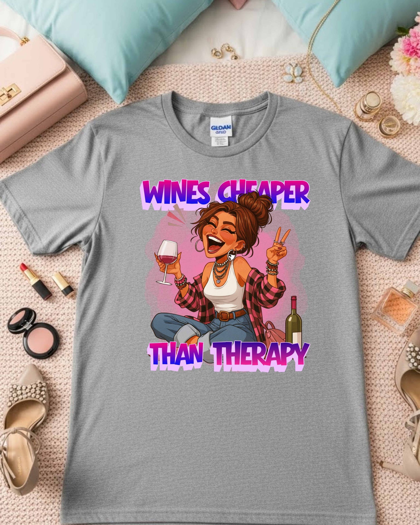 Wines Cheaper Than Therapy Graphic, Funny Wine Lover Quote, Pink Aesthetic Glam Girl Design for Stickers, Shirts & Gifts