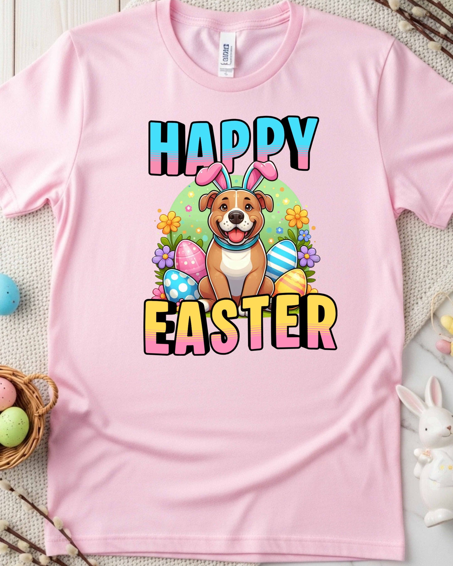 Puppy in Bunny Ears with Colourful Eggs & Flowers, Fun Spring Clipart for Shirts, Stickers & Holiday Decor
