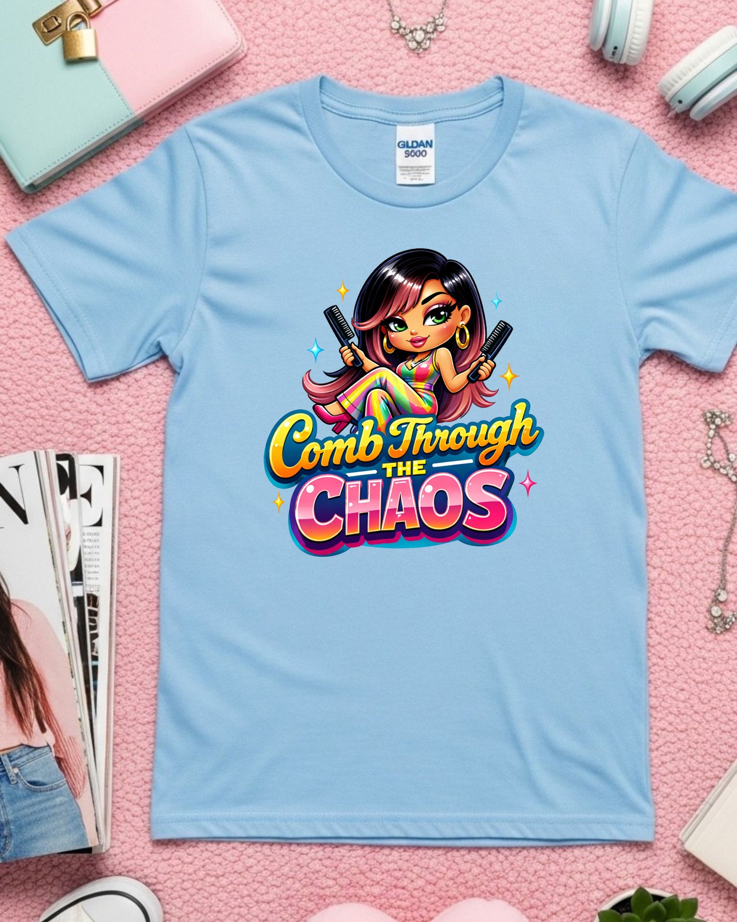 Comb Through the Chaos Shirt Funny Hairstylist Tee Colourful Salon Stylist T‑Shirt Braider Graphic Top Cosmetology Gift