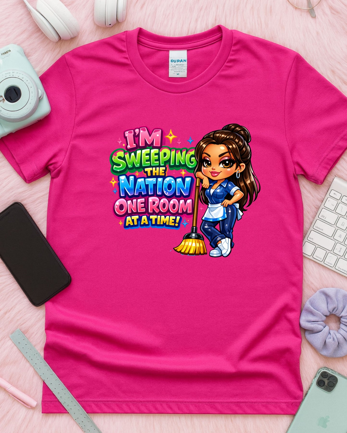 I’m Sweeping the Nation One Room at a Time Shirt Funny Cleaner Tee Housekeeper & Janitor T‑Shirt Cleaning Crew Graphic Top Custodian Gift for Women